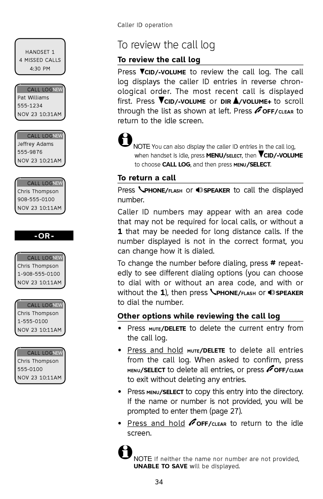 AT&T E2912 user manual To review the call log, To return a call, Other options while reviewing the call log 