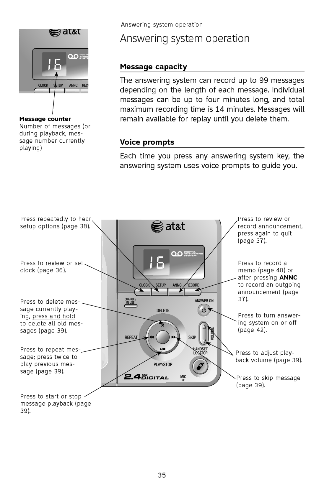 AT&T E2912 user manual Answering system operation, Message capacity, Voice prompts 