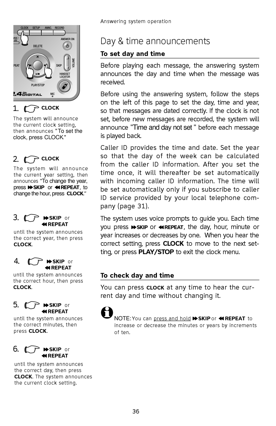 AT&T E2912 user manual Day & time announcements, To set day and time, To check day and time 