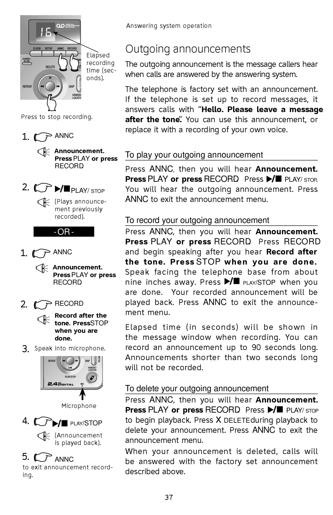 AT&T E2912 user manual Outgoing announcements, To play your outgoing announcement, To record your outgoing announcement 