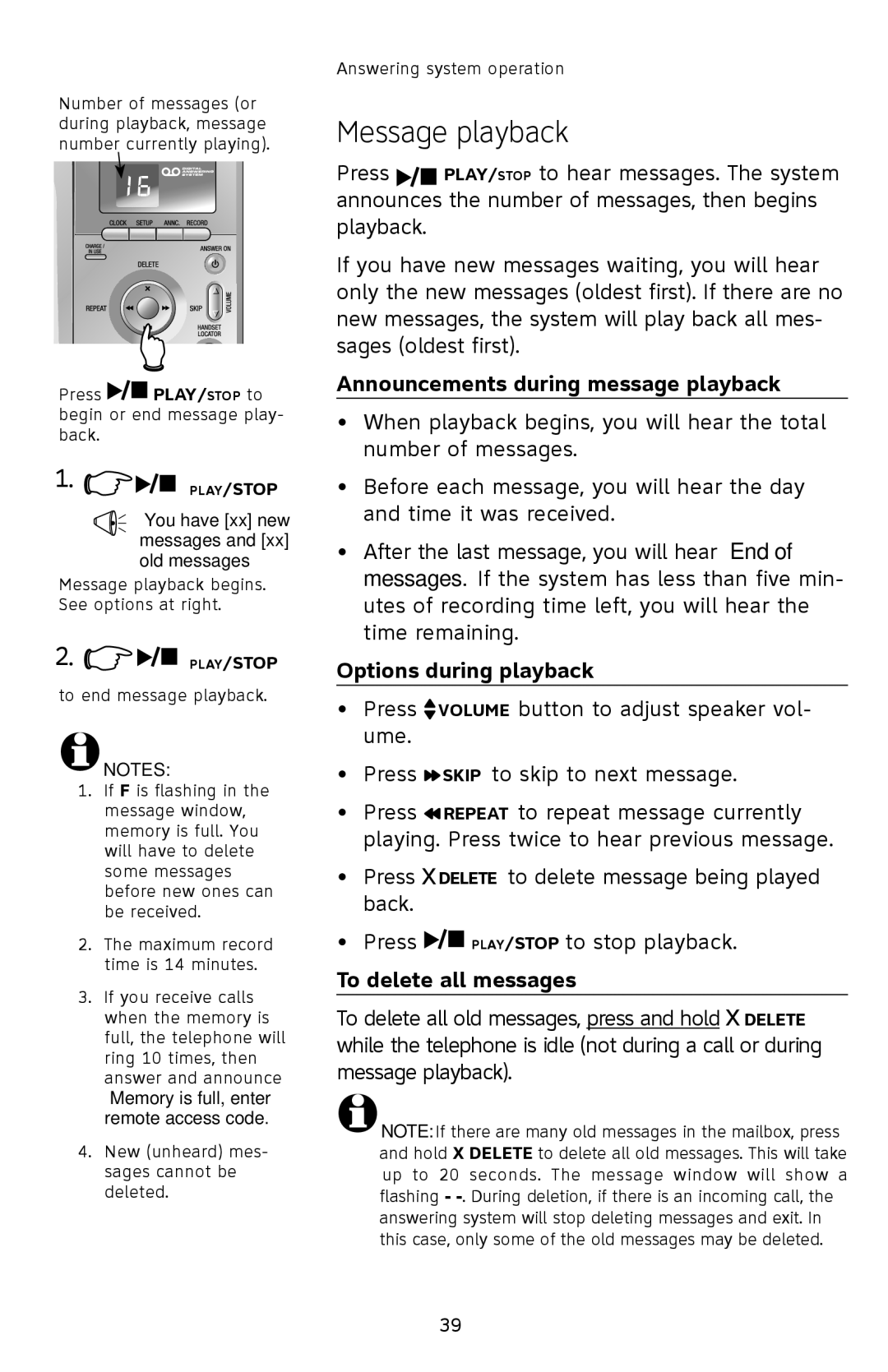 AT&T E2912 Message playback, Announcements during message playback, Options during playback, To delete all messages 