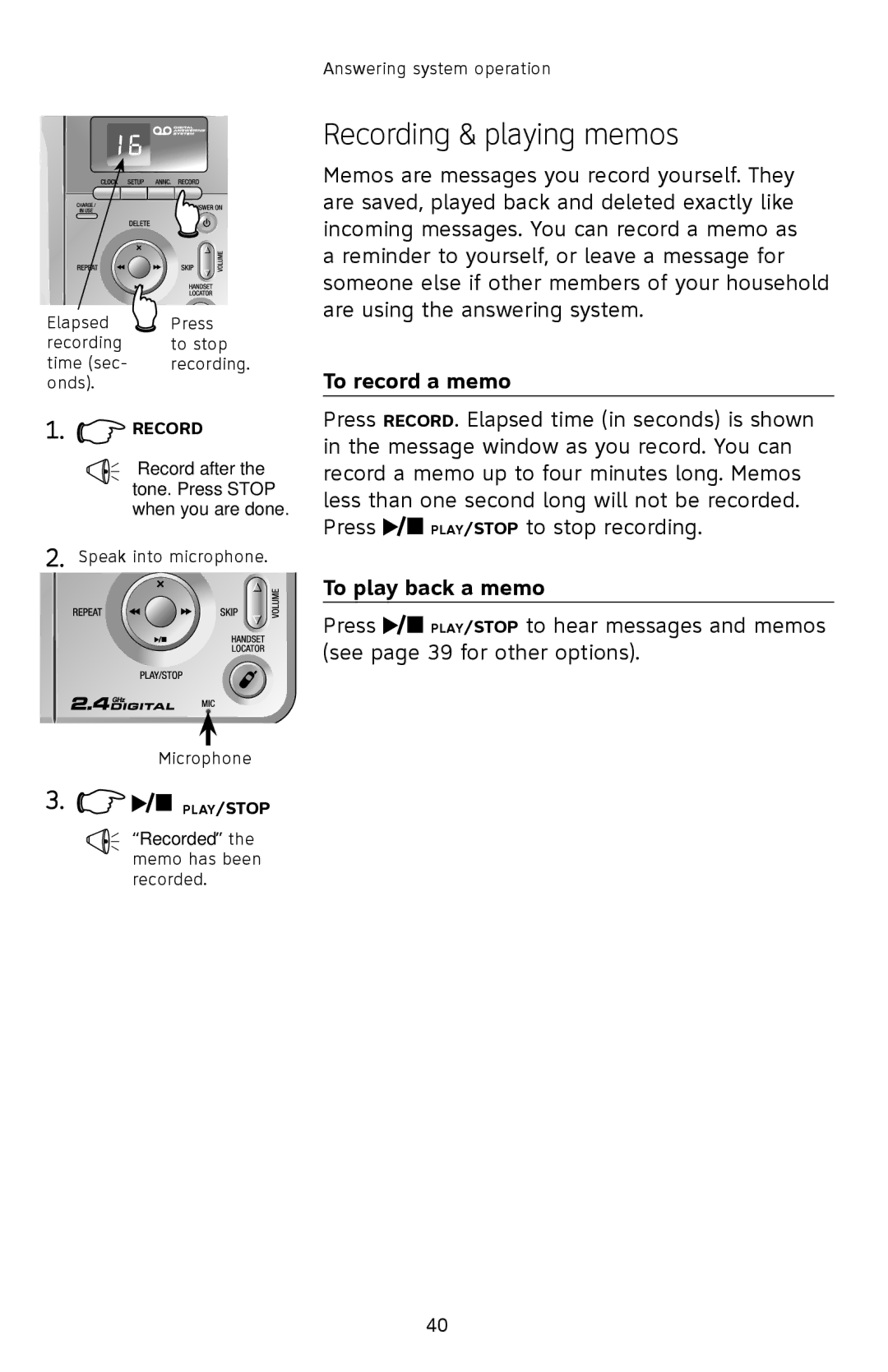 AT&T E2912 user manual Recording & playing memos, To record a memo, To play back a memo 