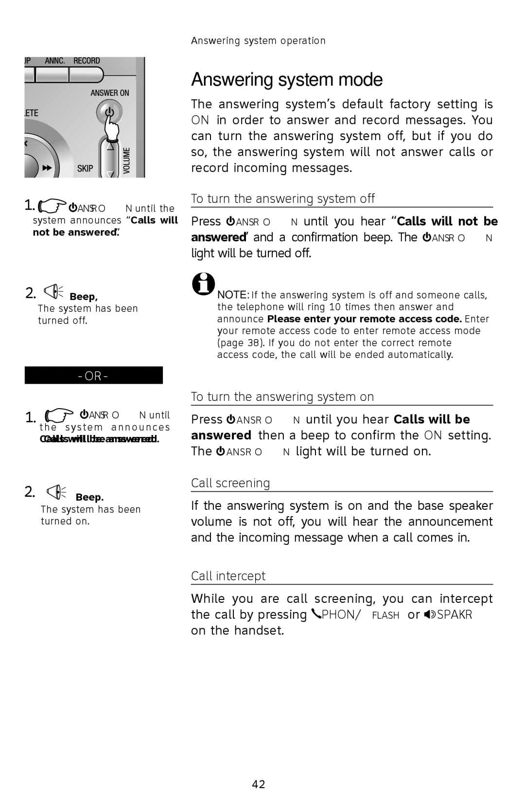 AT&T E2912 Answering system mode, To turn the answering system off, To turn the answering system on, Call screening 