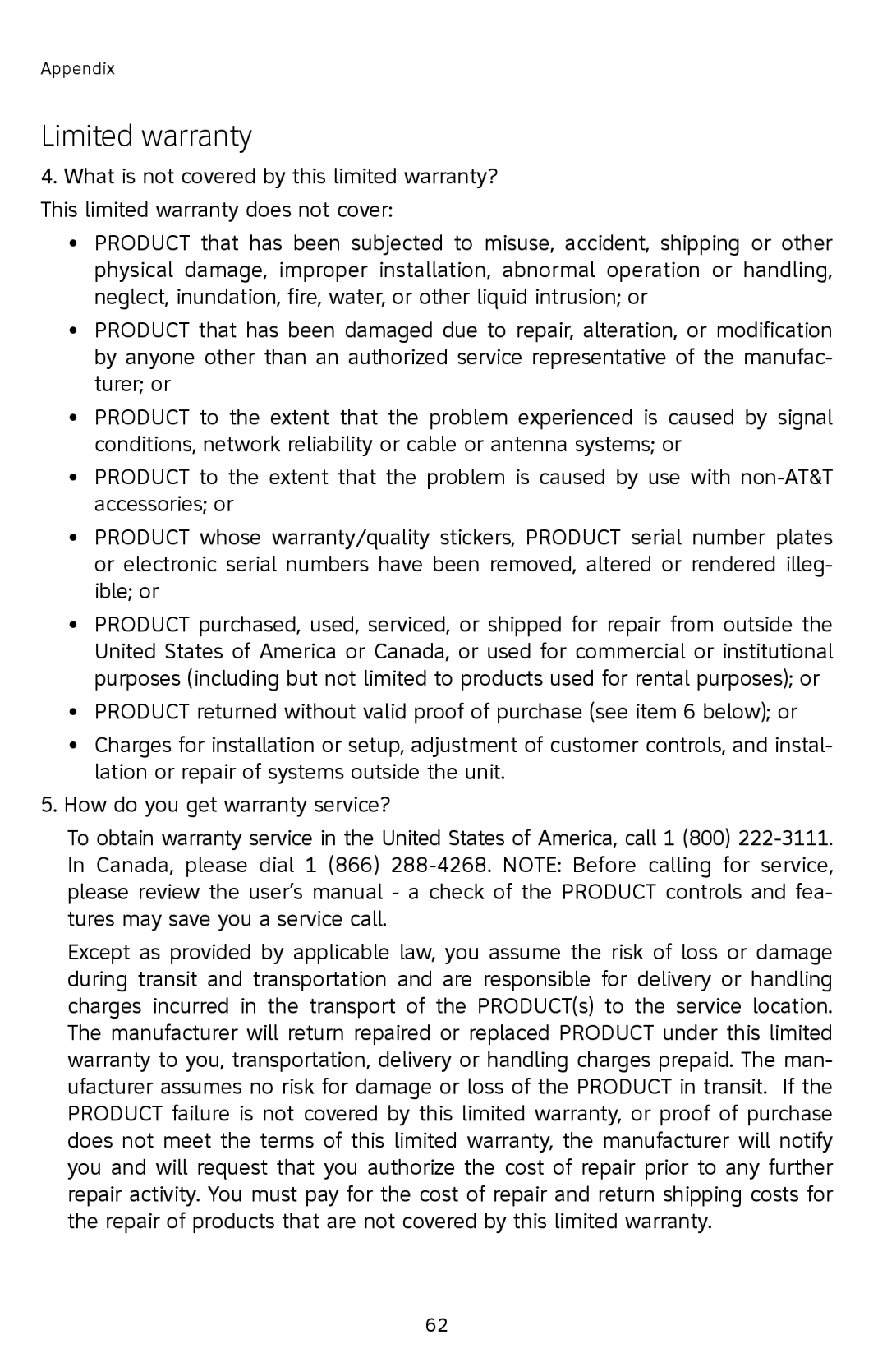 AT&T E2912 user manual Limited warranty 