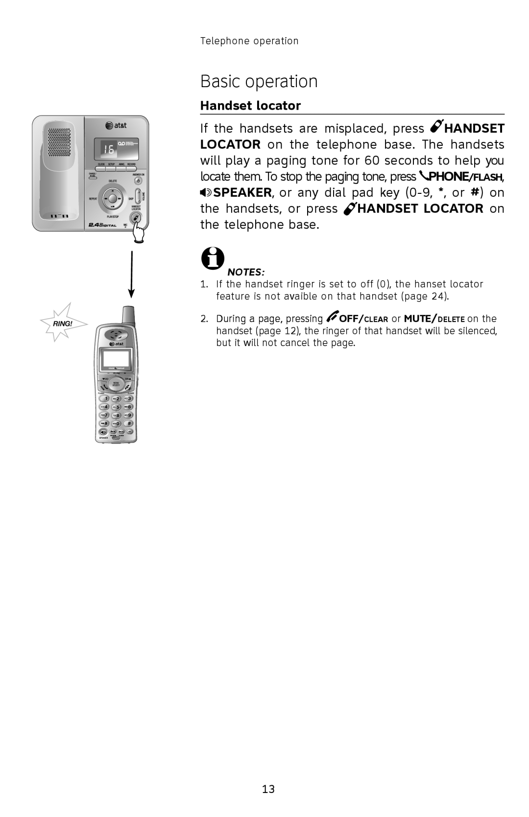 AT&T E2912 user manual Handset locator, Basic operation 