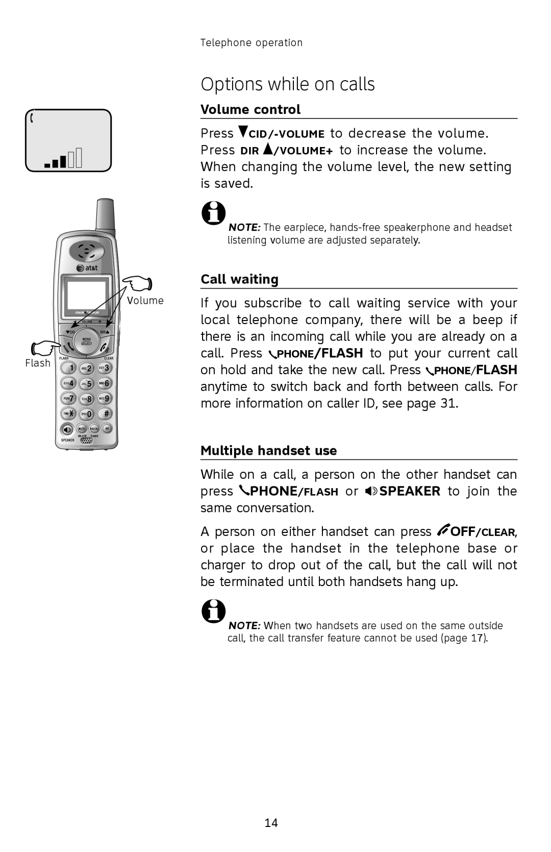 AT&T E2912 user manual Options while on calls, Volume control, Call waiting, Multiple handset use 