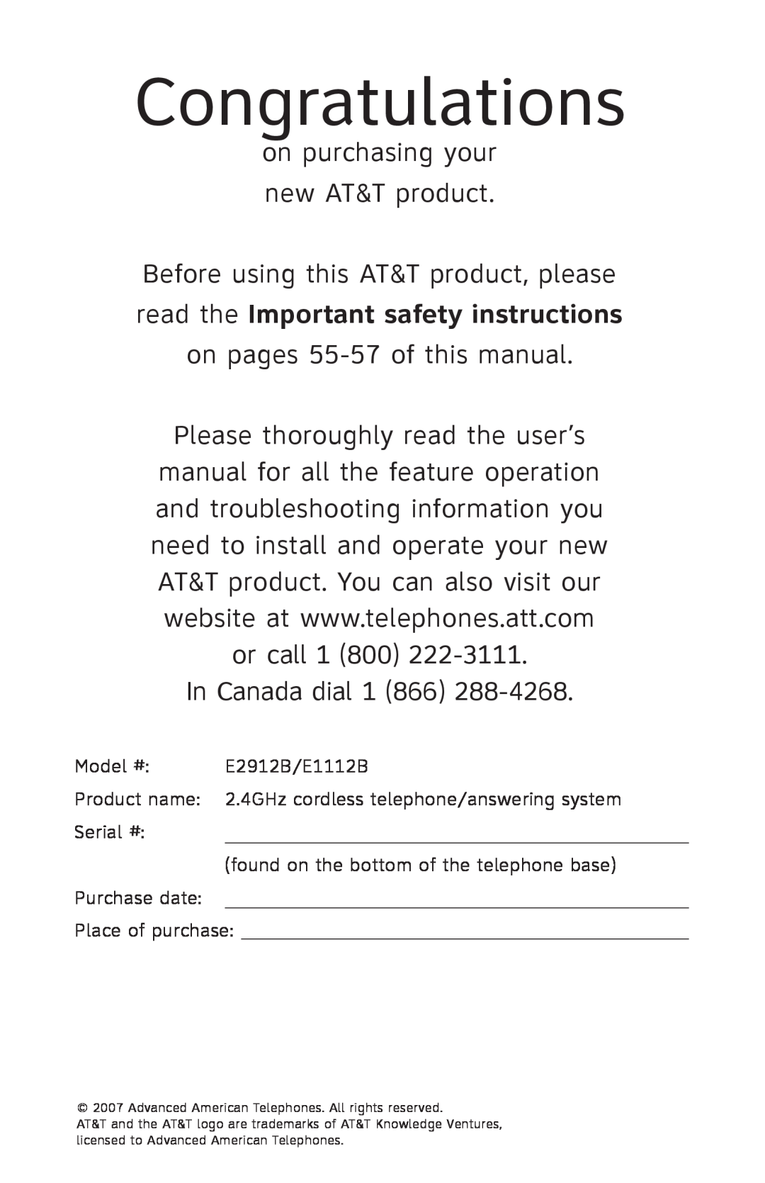 AT&T E2912 on purchasing your new AT&T product, Before using this AT&T product, please, on pages 55-57 of this manual 