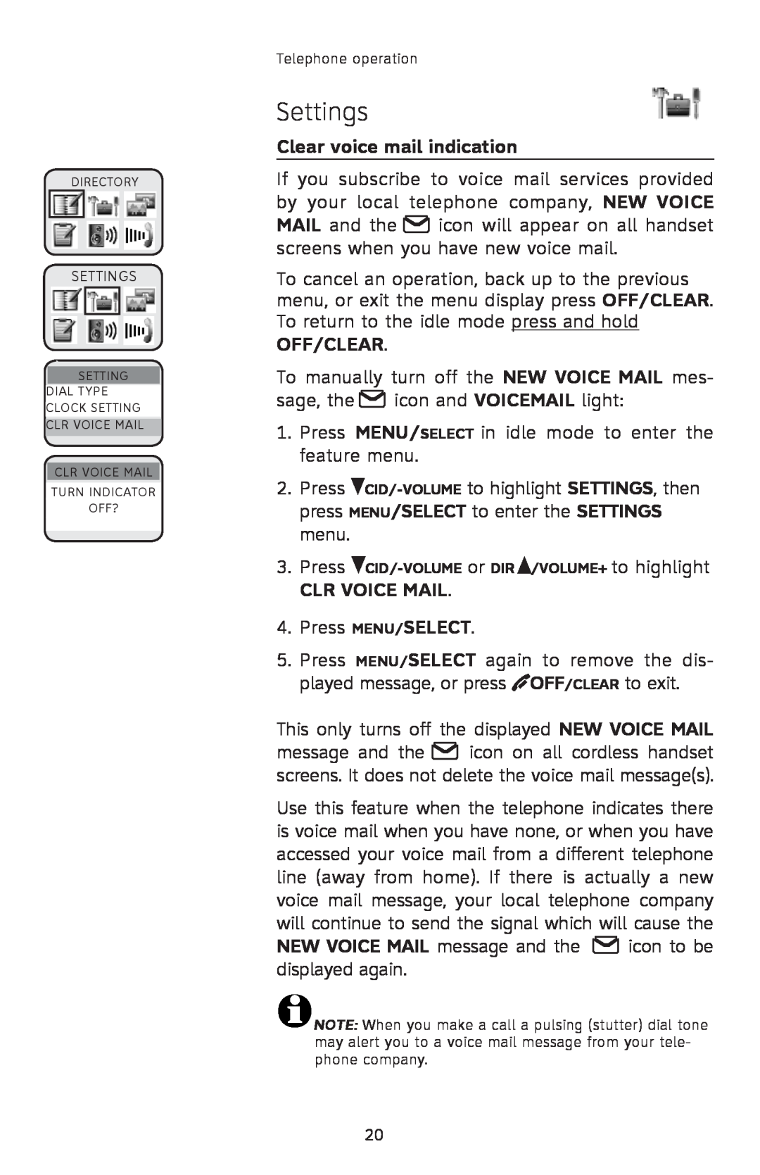 AT&T E2912 user manual Clear voice mail indication, Clr Voice Mail, Settings, Press CID/-VOLUME or DIR/VOLUME+ to highlight 