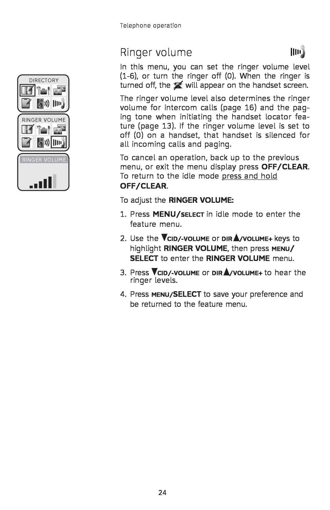 AT&T E2912 user manual Ringer volume, Off/Clear 
