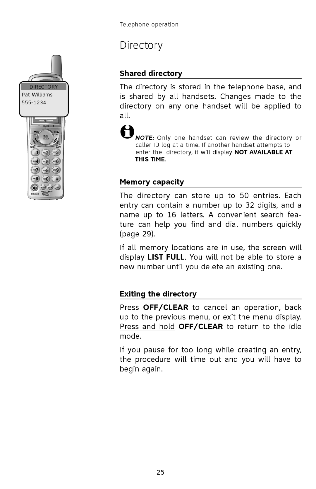 AT&T E2912 user manual Directory, Shared directory, Memory capacity, Exiting the directory 