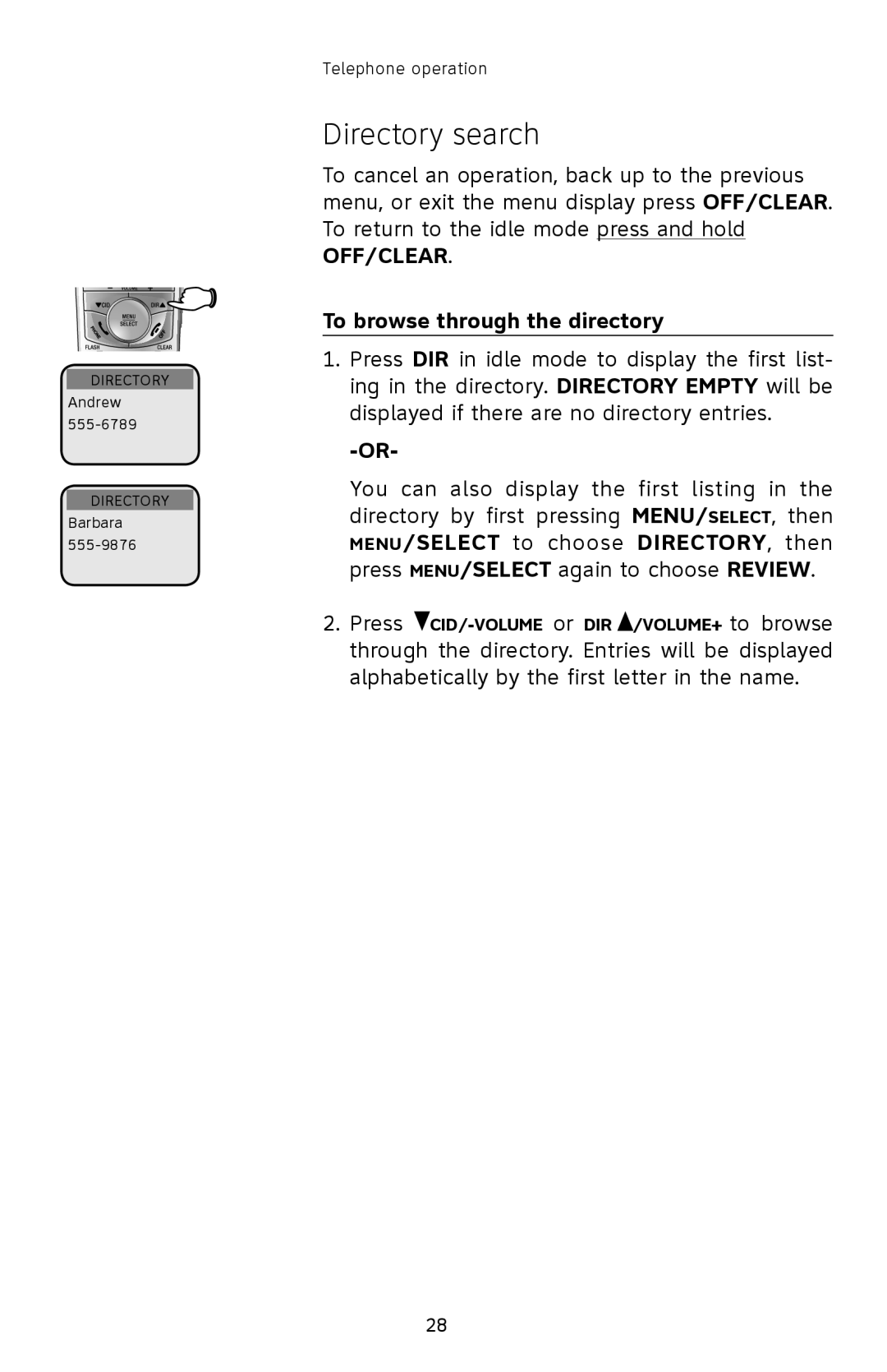 AT&T E2912 user manual Directory search, To browse through the directory, DIRECTORY Andrew DIRECTORY Barbara 