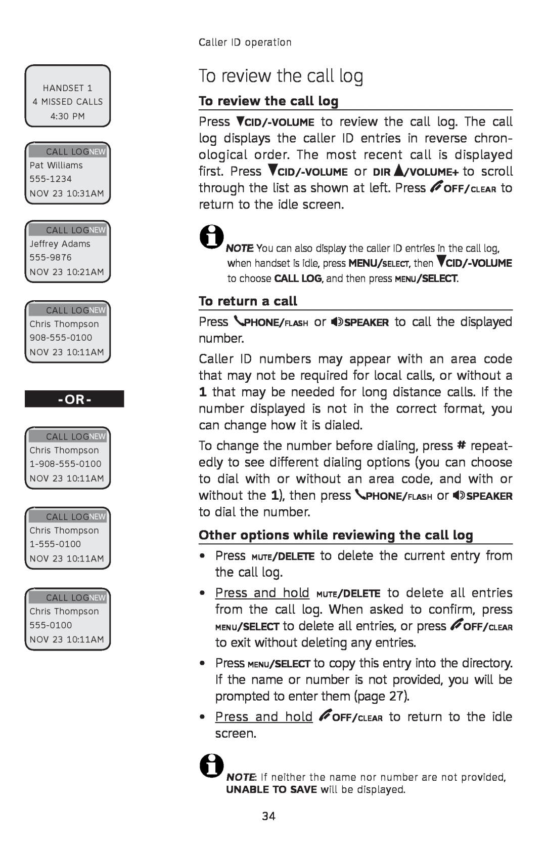 AT&T E2912 user manual To review the call log, To return a call, Other options while reviewing the call log 