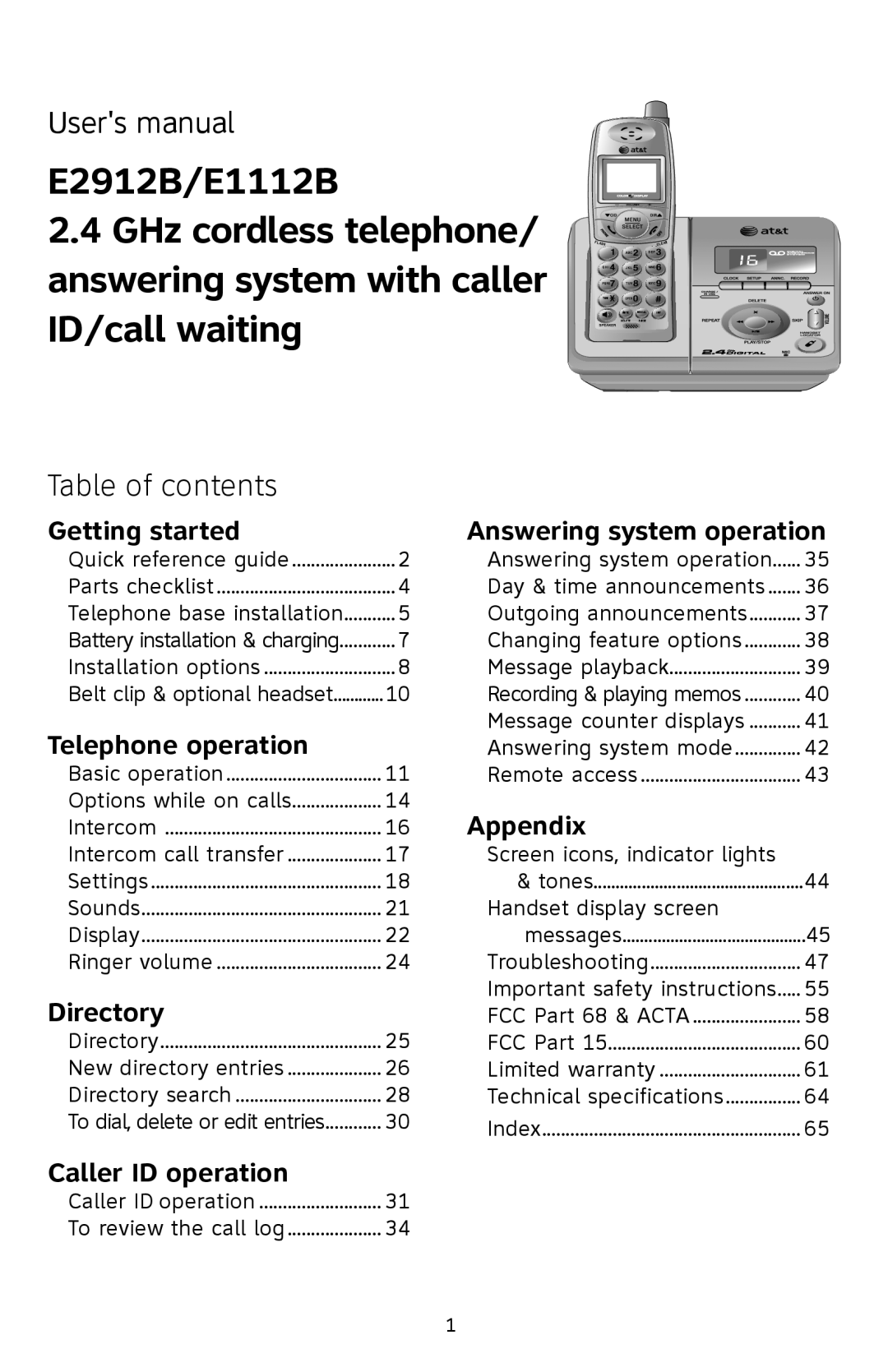 AT&T E2912 Users manual, Table of contents, Getting started, Telephone operation, Directory, Answering system operation 