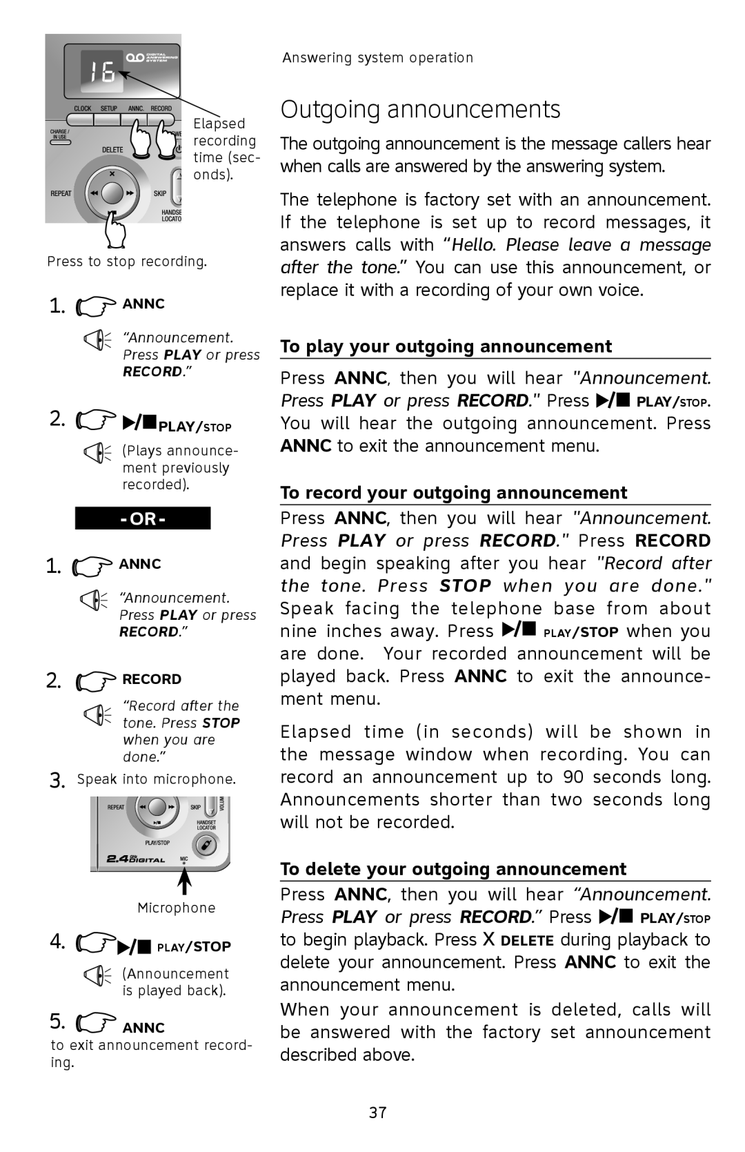 AT&T E2912 user manual Outgoing announcements, To play your outgoing announcement, To record your outgoing announcement 