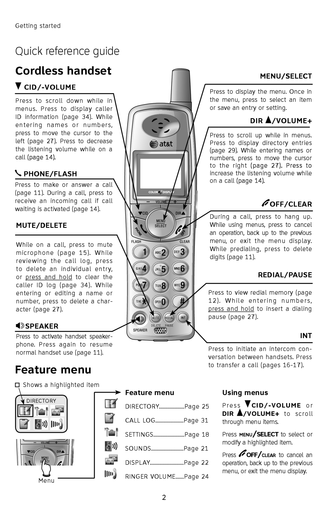 AT&T E2912 user manual Quick reference guide, Cordless handset, Feature menu 