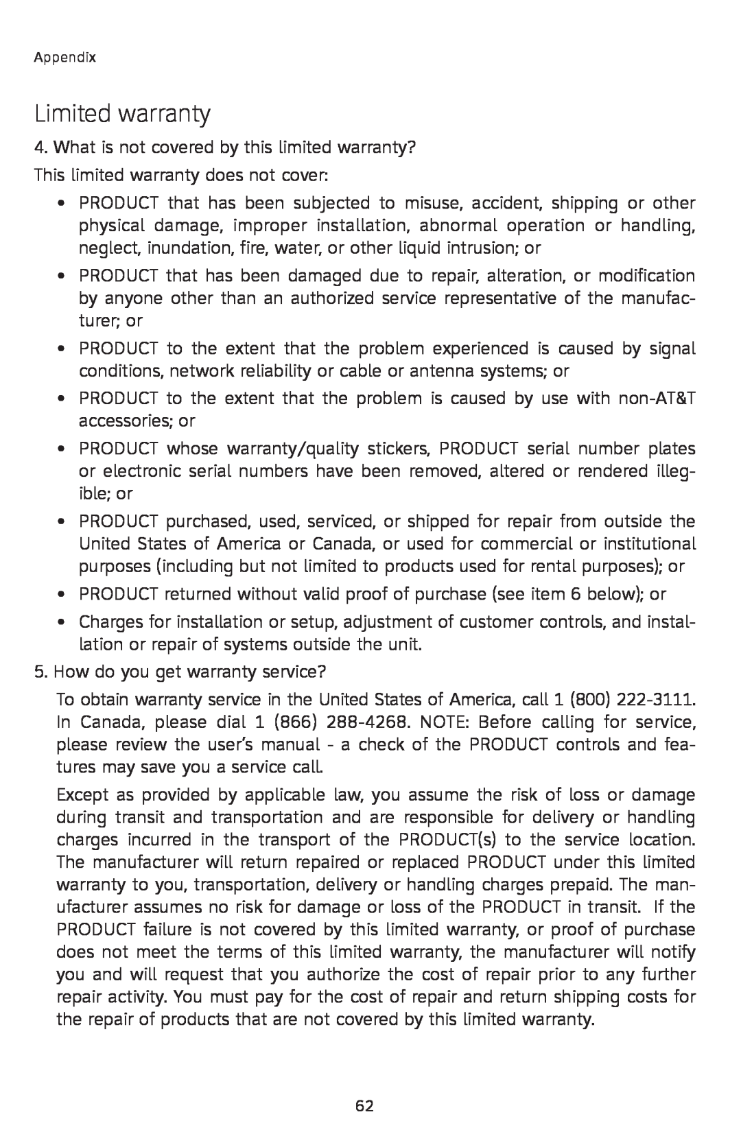 AT&T E2912 user manual Limited warranty, PRODUCT returned without valid proof of purchase see item 6 below or 