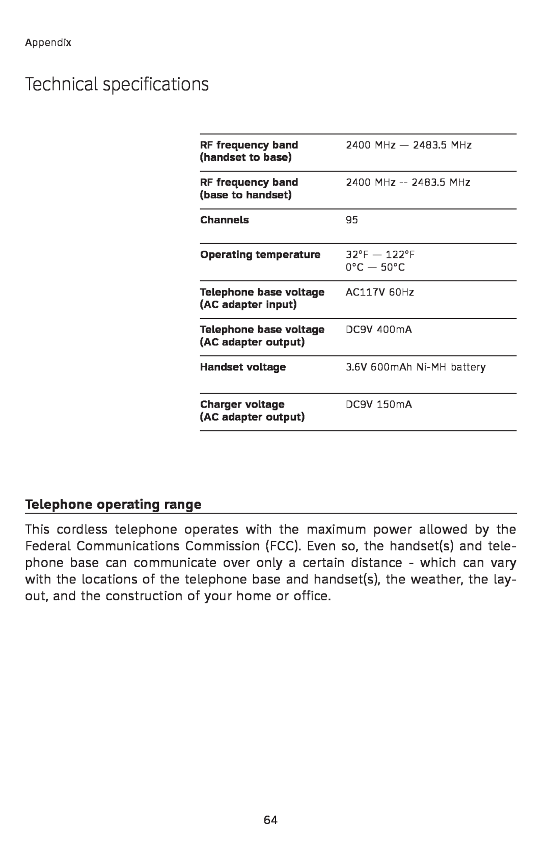 AT&T E2912 user manual Technical specifications, Telephone operating range 