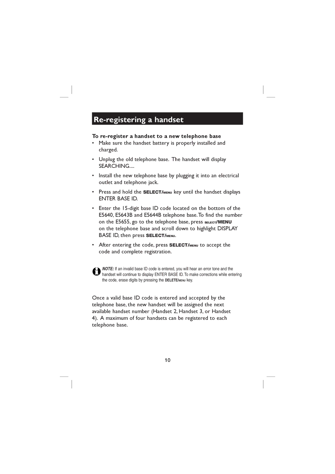 AT&T E560-2 user manual To re-register a handset to a new telephone base, Enter Base ID 