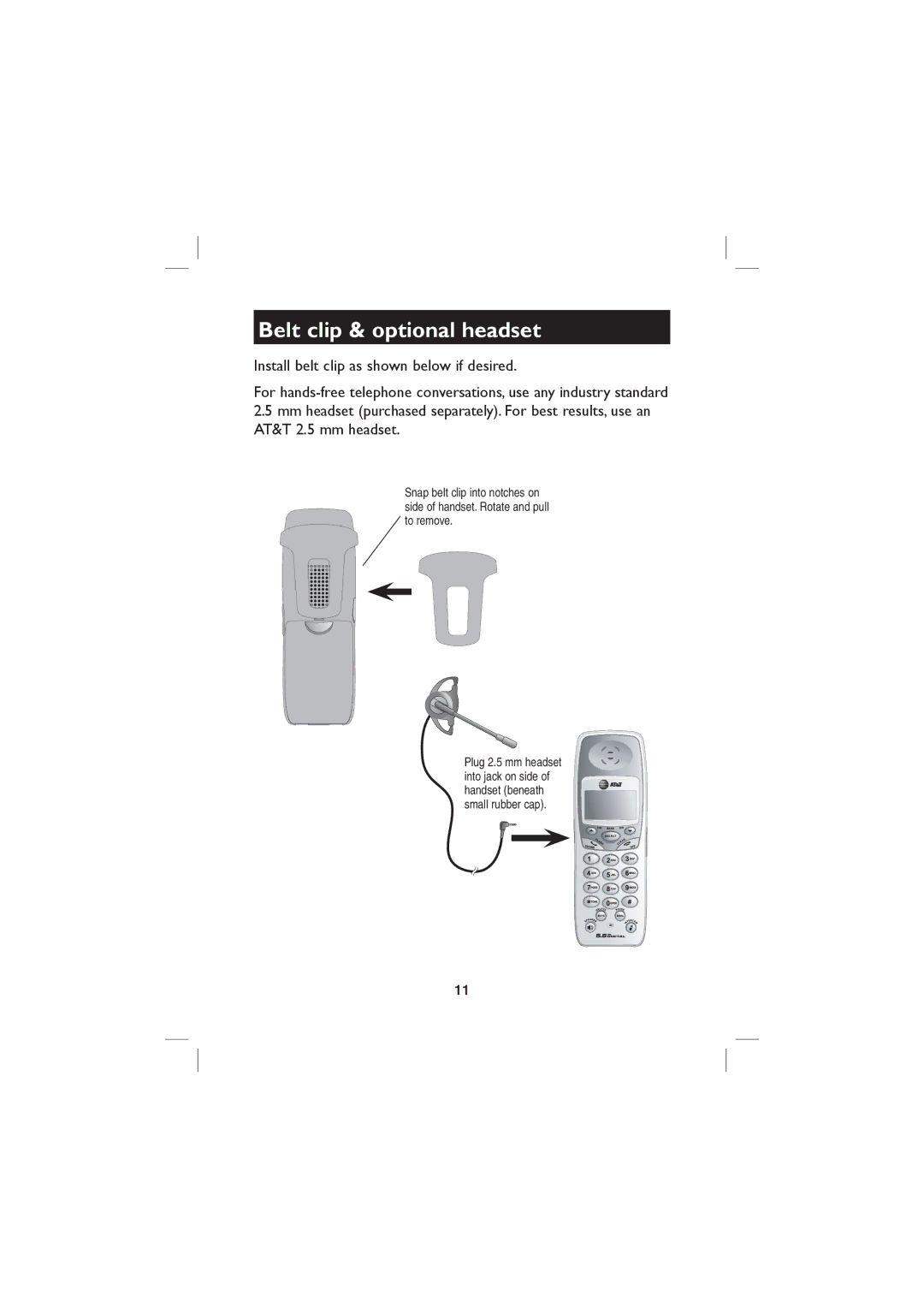 AT&T E560-2 user manual Belt clip & optional headset 