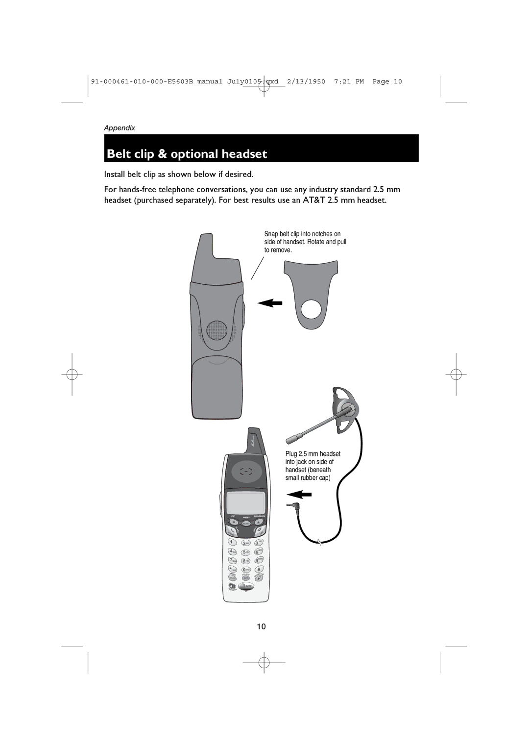 AT&T E5603B, E5600 user manual Belt clip & optional headset, Install belt clip as shown below if desired 