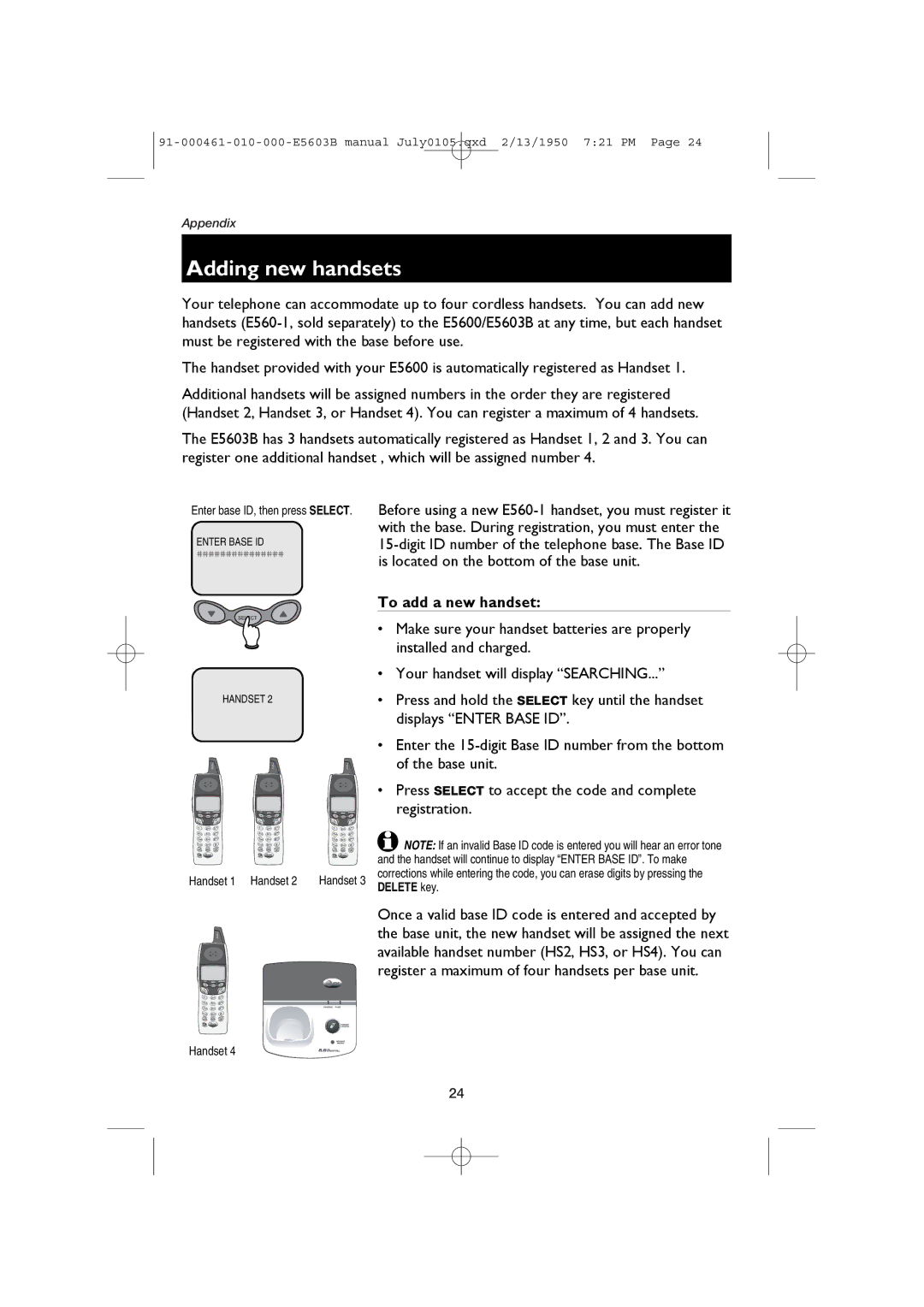 AT&T E5603B, E5600 user manual Adding new handsets, To add a new handset 