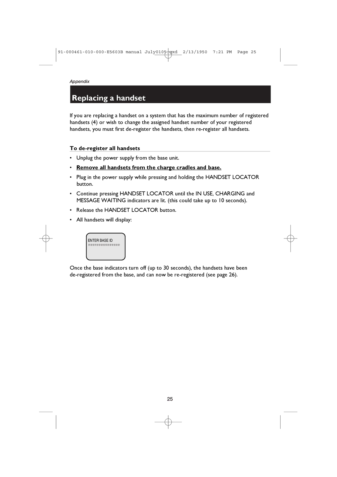 AT&T E5600, E5603B Replacing a handset, To de-register all handsets, Remove all handsets from the charge cradles and base 