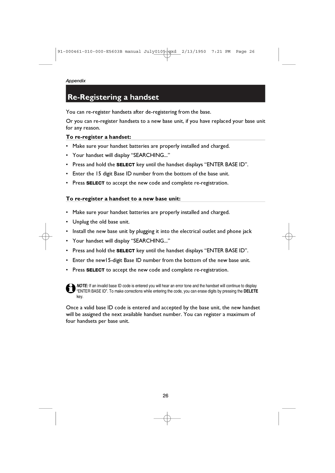 AT&T E5603B, E5600 user manual Re-Registering a handset, To re-register a handset to a new base unit 