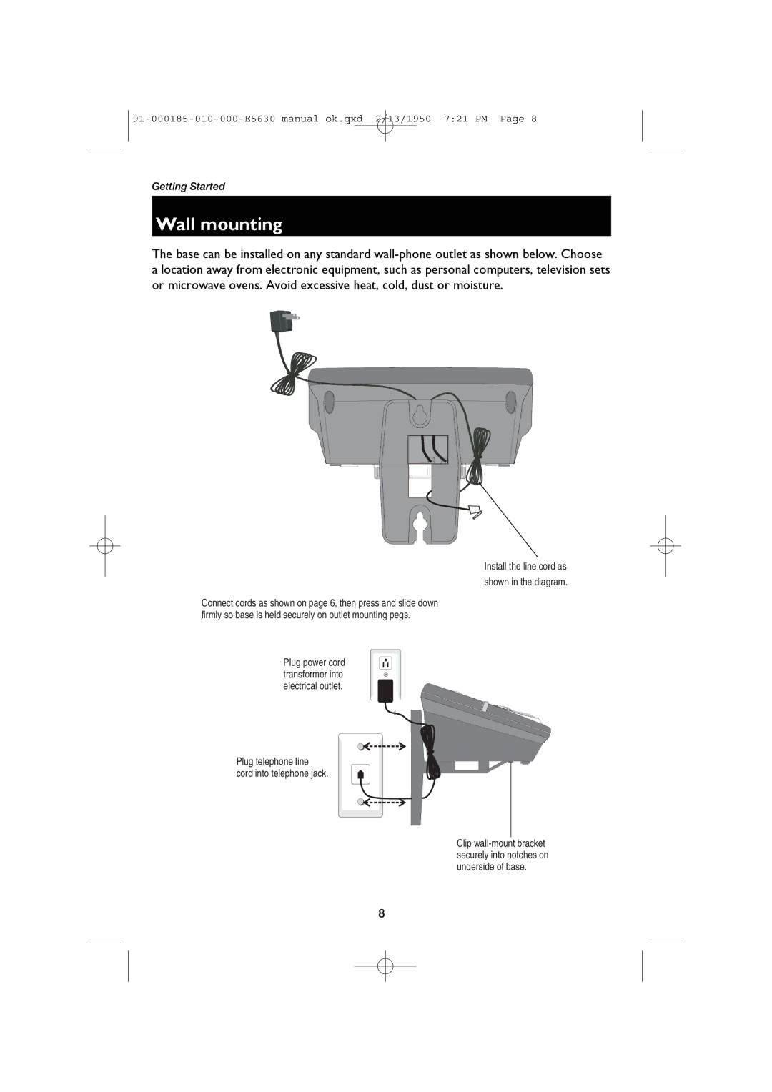 AT&T E5630 user manual Wall mounting, Install the line cord as Shown in the diagram 