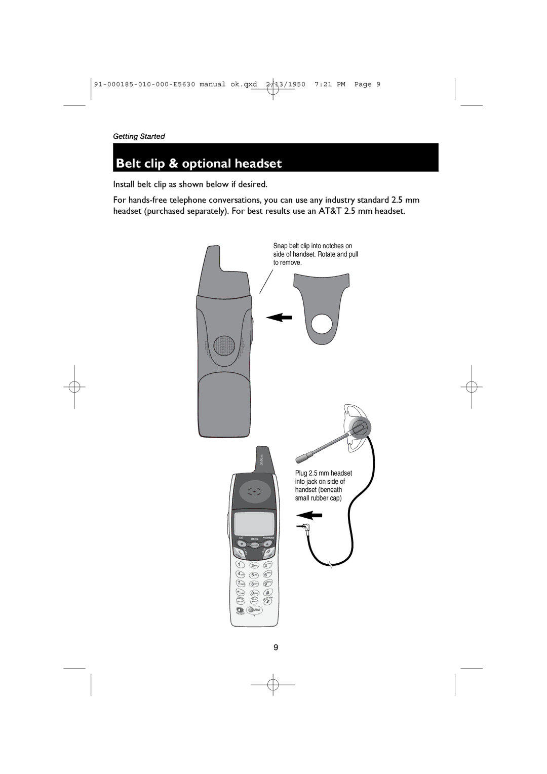 AT&T E5630 user manual Belt clip & optional headset, Install belt clip as shown below if desired 