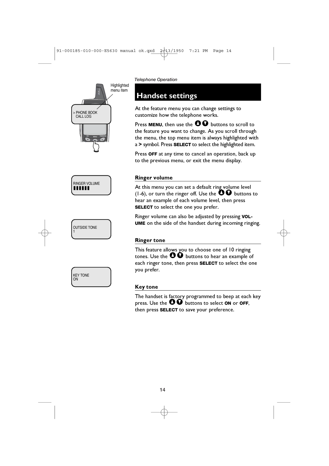 AT&T E5630 user manual Handset settings, Ringer volume, Ringer tone, Key tone 