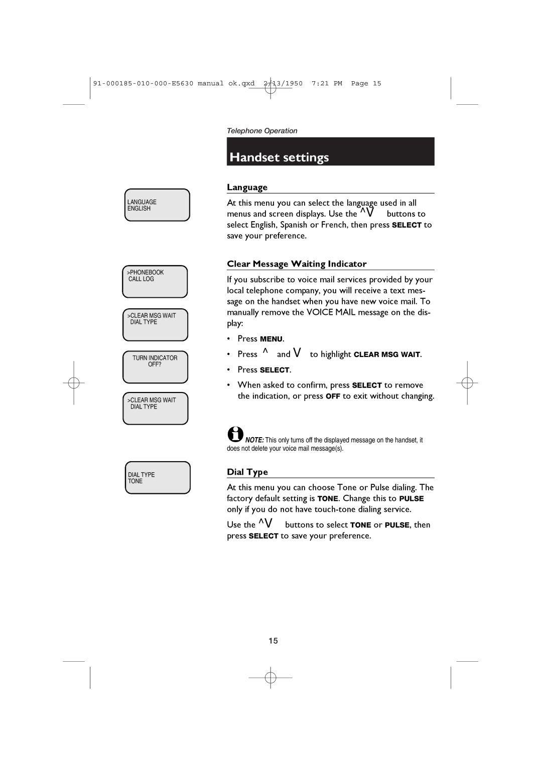 AT&T E5630 user manual Language, Clear Message Waiting Indicator, Dial Type 