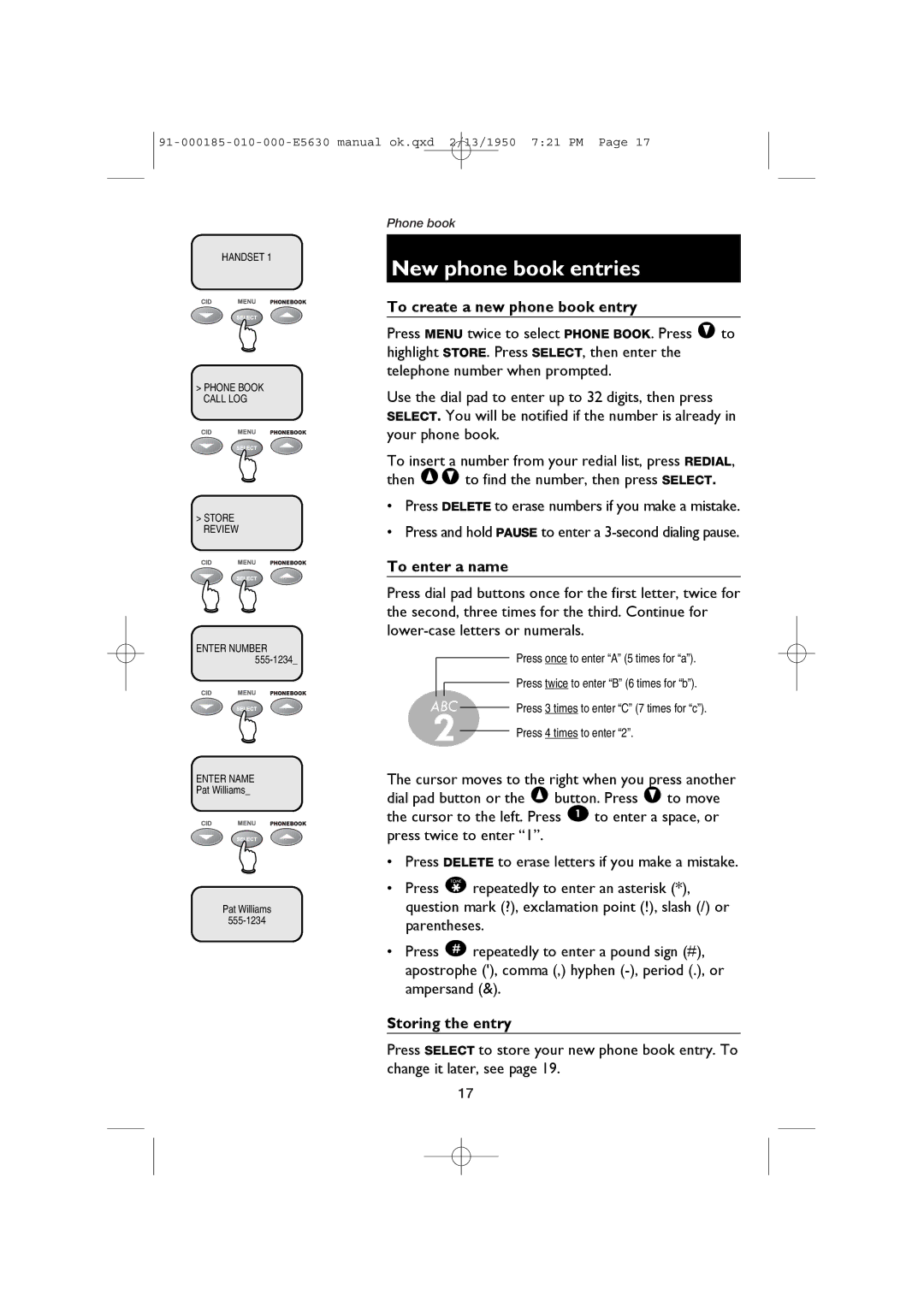 AT&T E5630 user manual New phone book entries, To create a new phone book entry, To enter a name, Storing the entry 