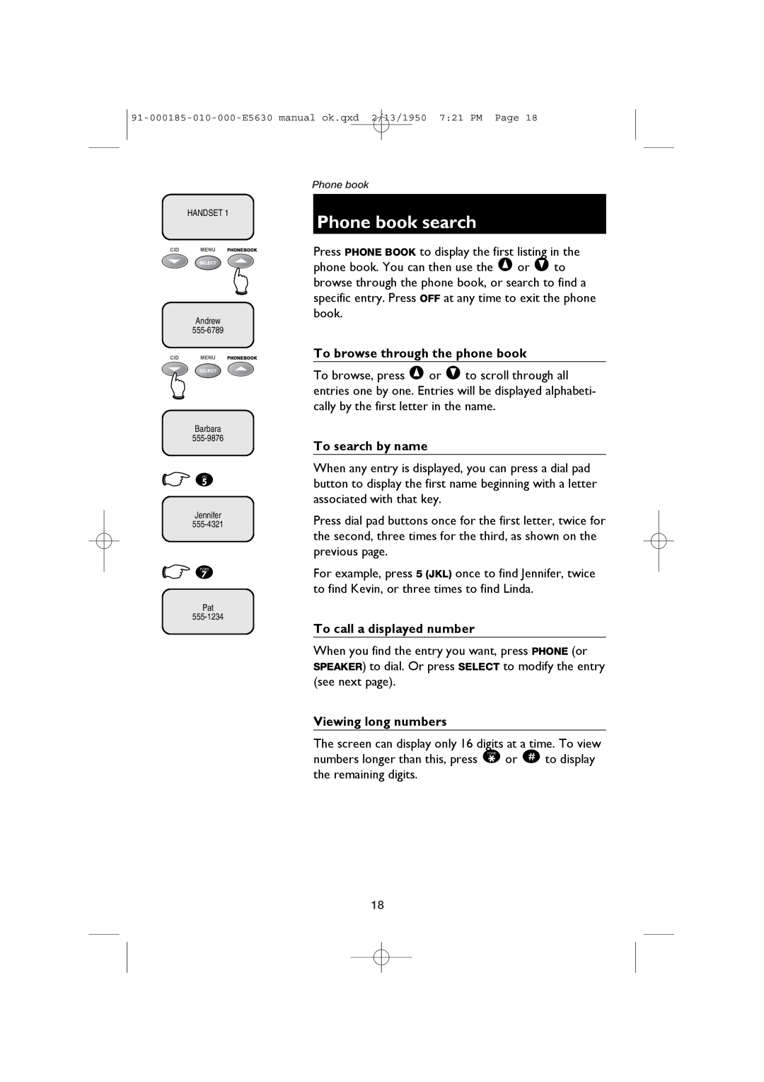 AT&T E5630 user manual Phone book search, To browse through the phone book, To search by name, To call a displayed number 