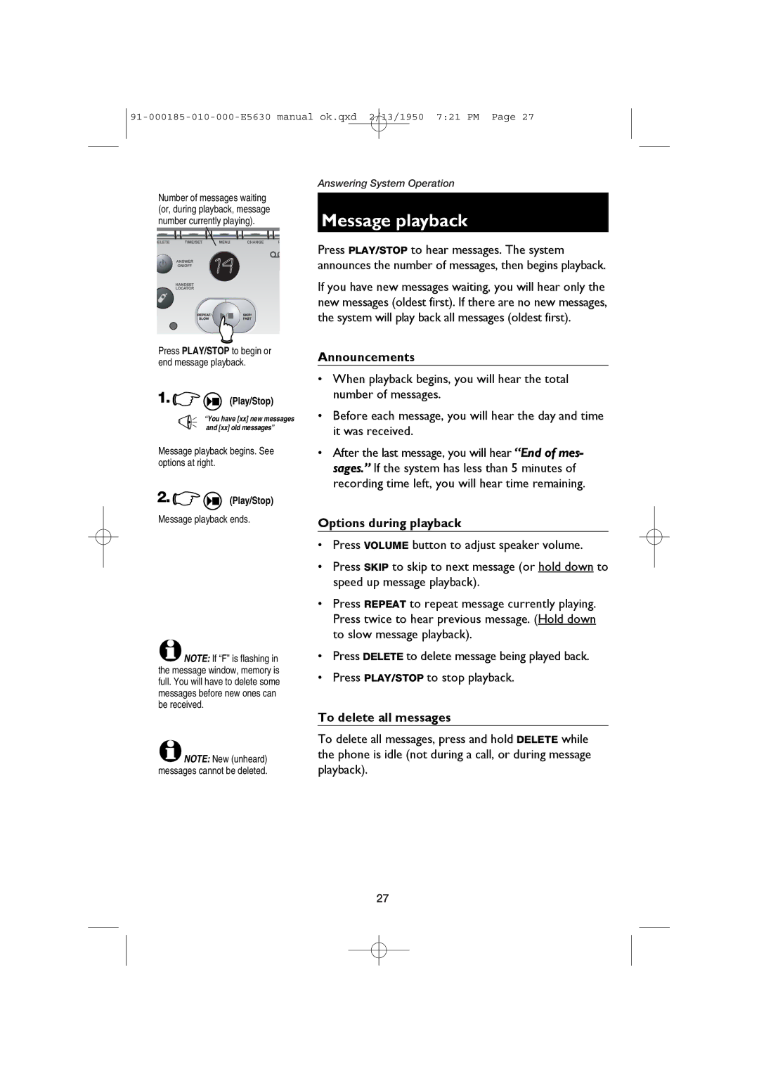 AT&T E5630 user manual Message playback, Announcements, Options during playback, To delete all messages 