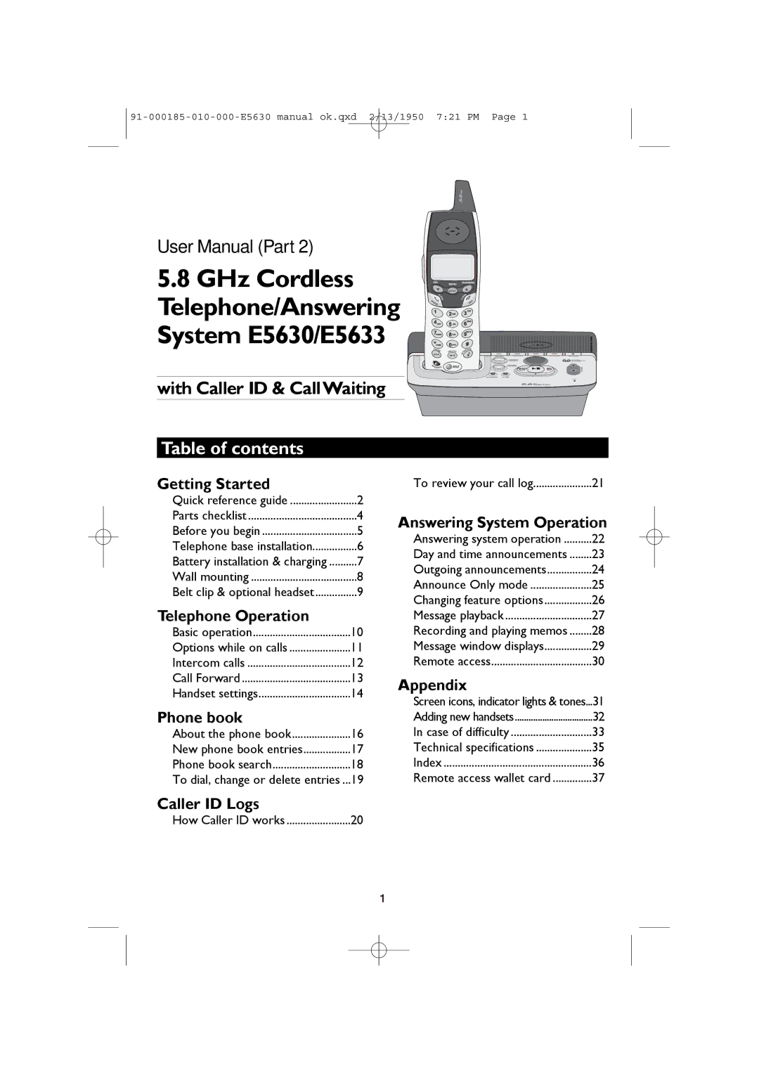 AT&T user manual GHz Cordless Telephone/Answering System E5630/E5633, Table of contents 