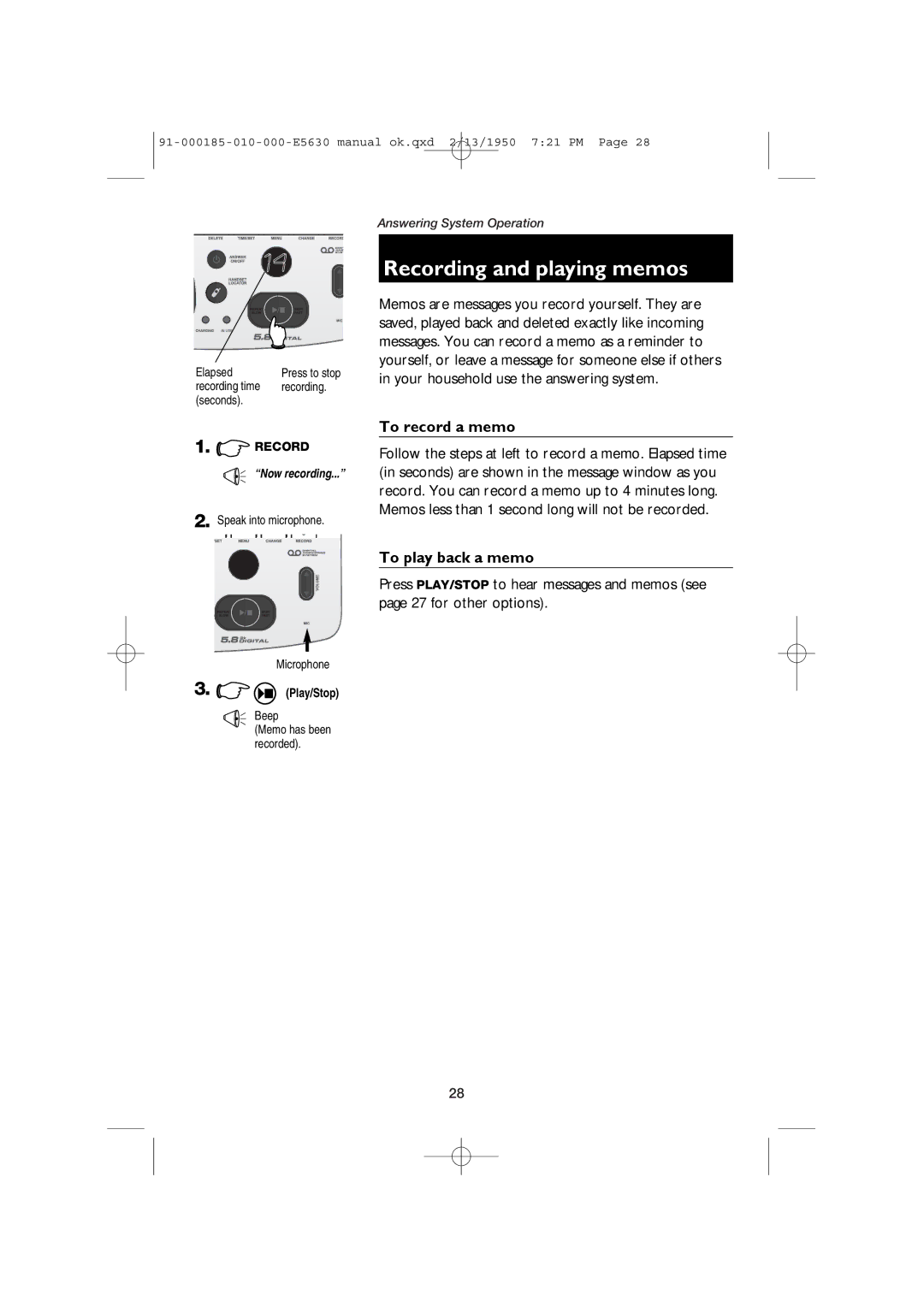 AT&T E5630 user manual Recording and playing memos, To record a memo, To play back a memo 