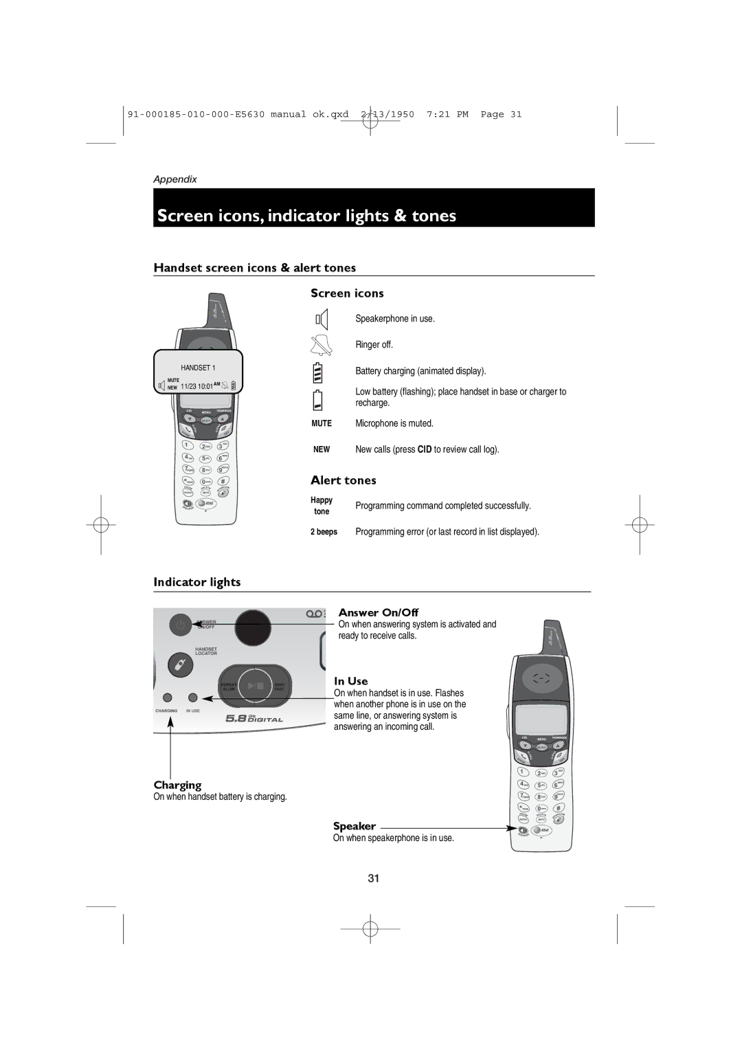 AT&T E5630 Screen icons, indicator lights & tones, Handset screen icons & alert tones, Alert tones, Indicator lights 