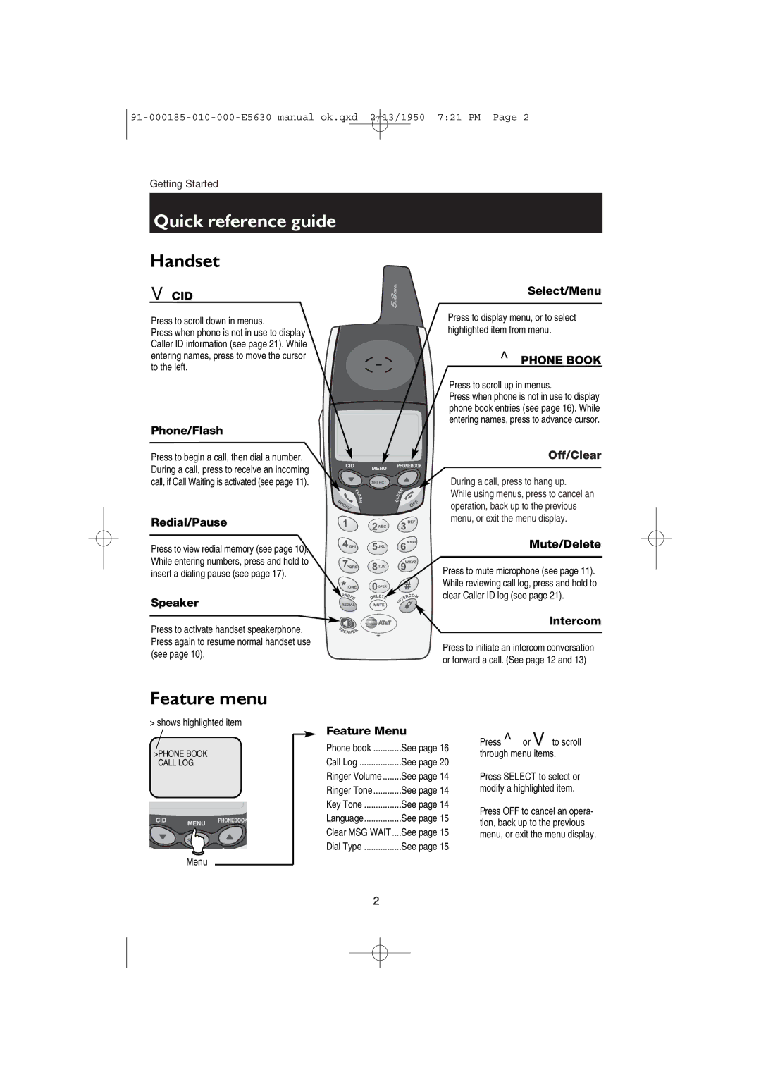 AT&T E5630 user manual Quick reference guide, Handset 