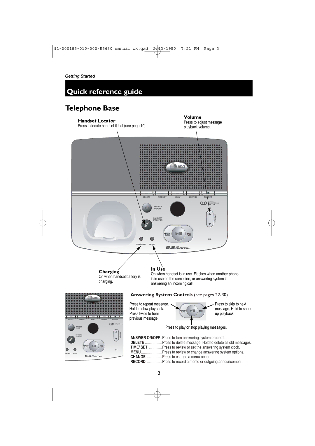 AT&T E5630 user manual Telephone Base 