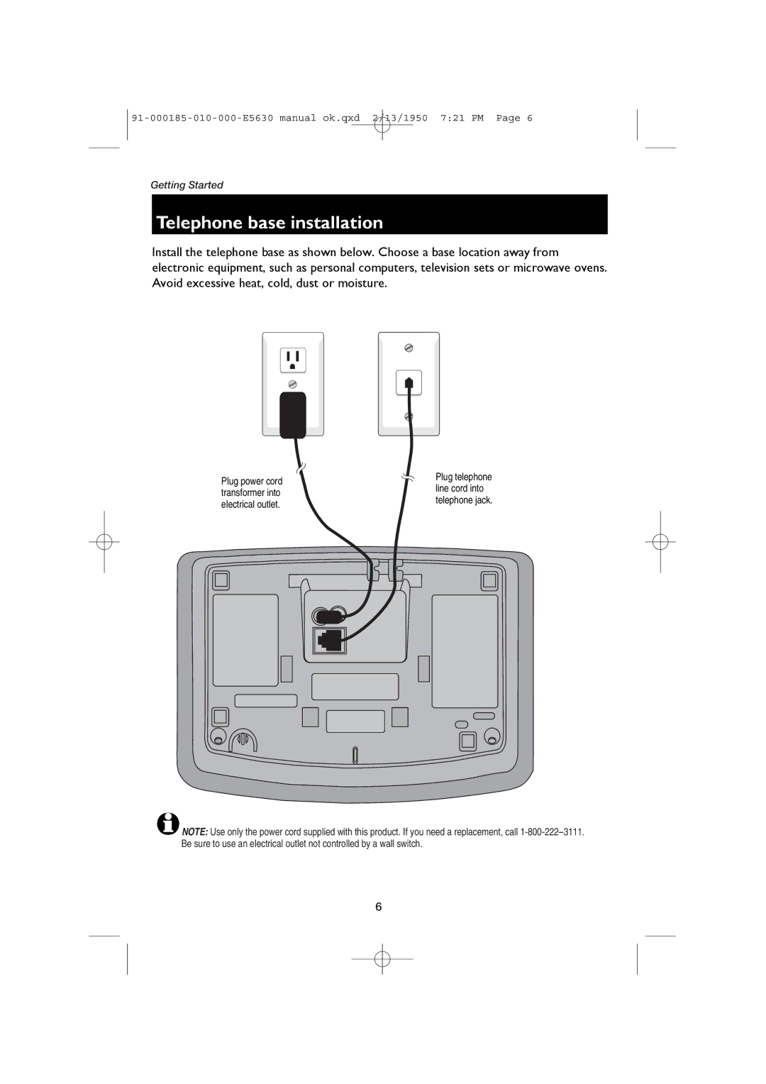 AT&T E5630 user manual Telephone base installation 