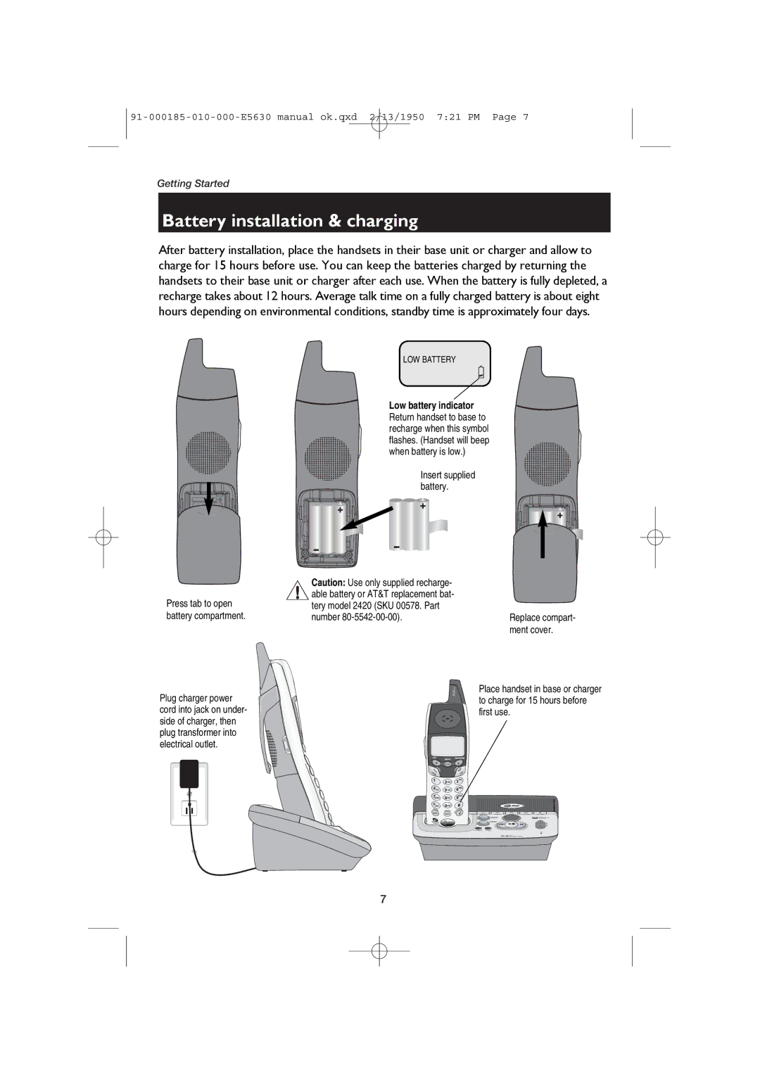 AT&T E5630 user manual Battery installation & charging, LOW Battery 