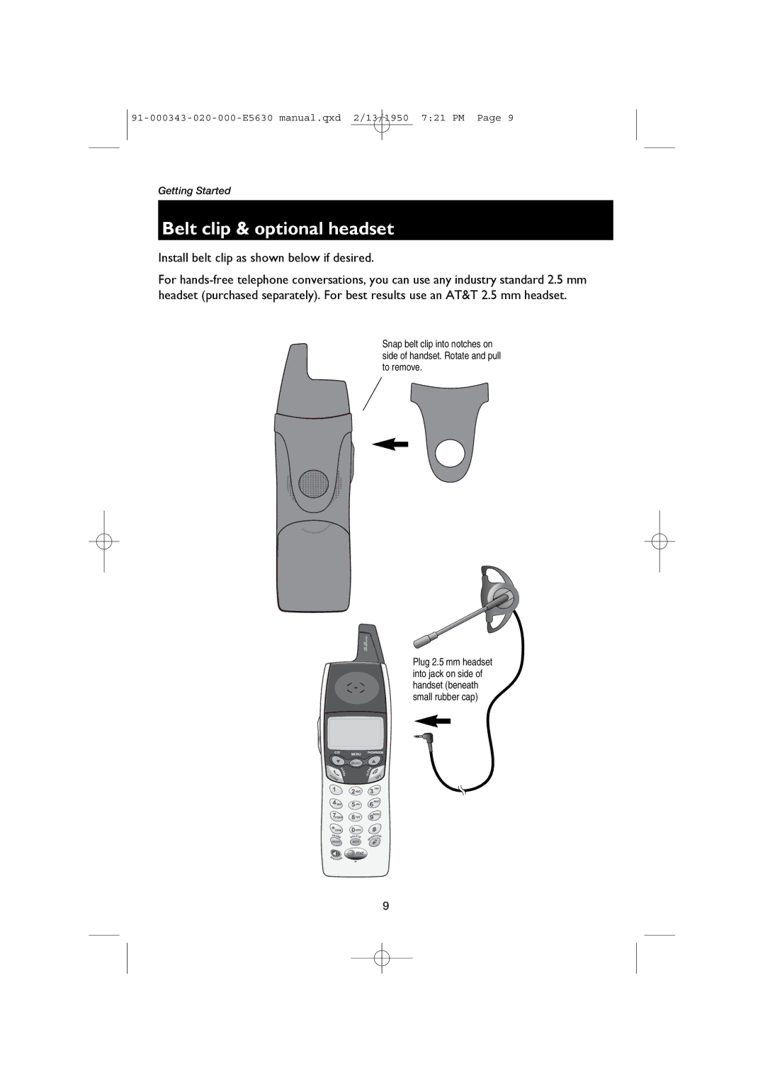 AT&T E5633, E5634B user manual Belt clip & optional headset, Install belt clip as shown below if desired 