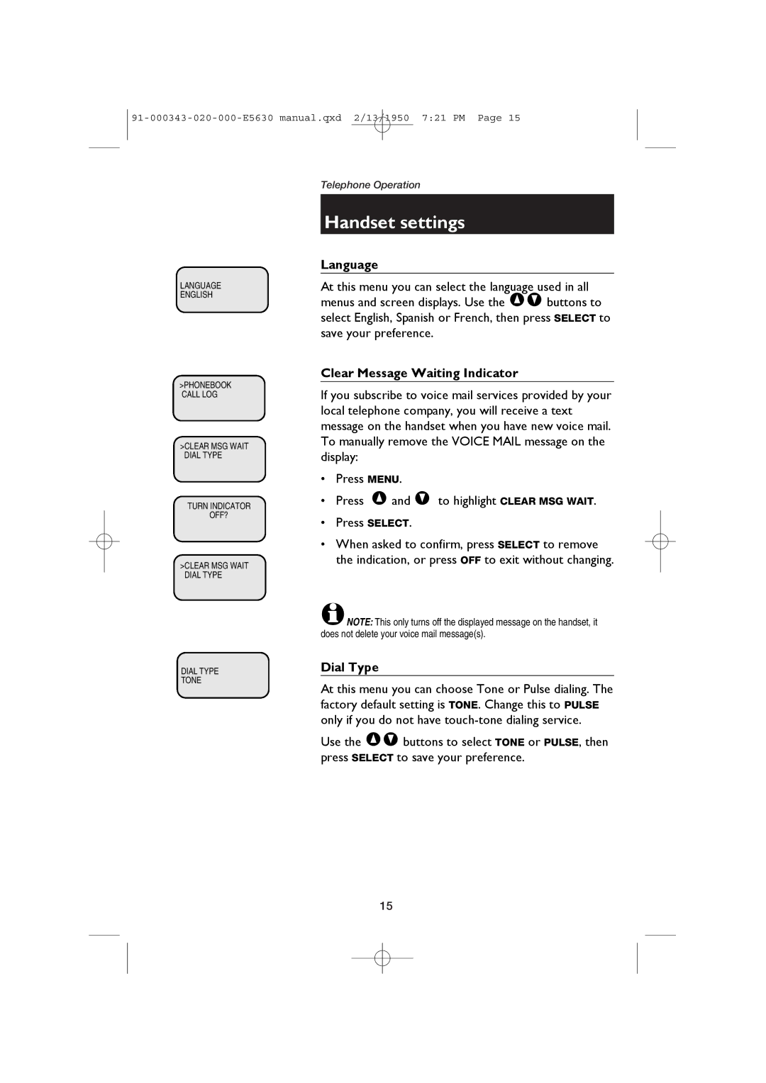 AT&T E5633, E5634B user manual Language, Clear Message Waiting Indicator, Dial Type 