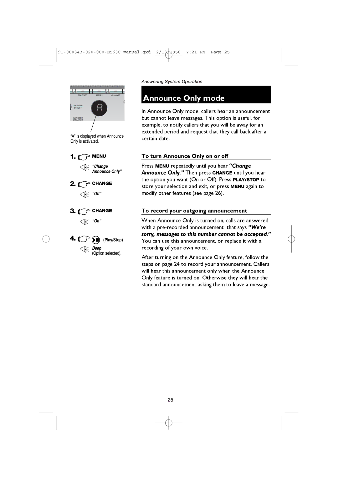 AT&T E5633, E5634B user manual Announce Only mode, To turn Announce Only on or off 