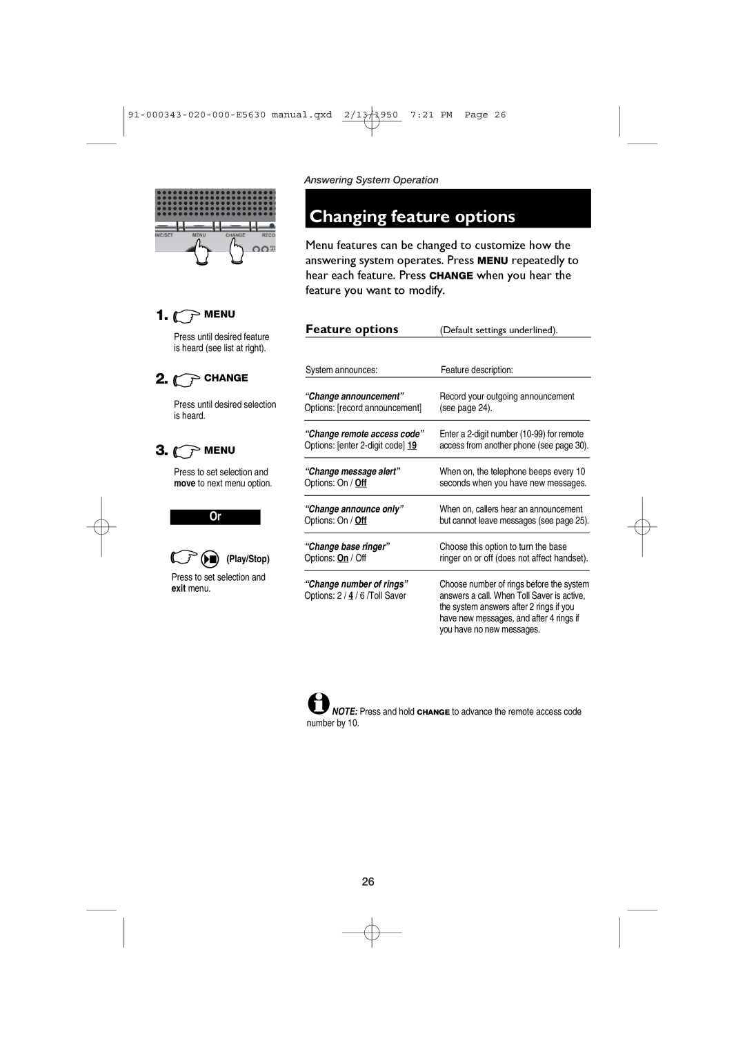 AT&T E5634B, E5633 user manual Changing feature options, Feature options 