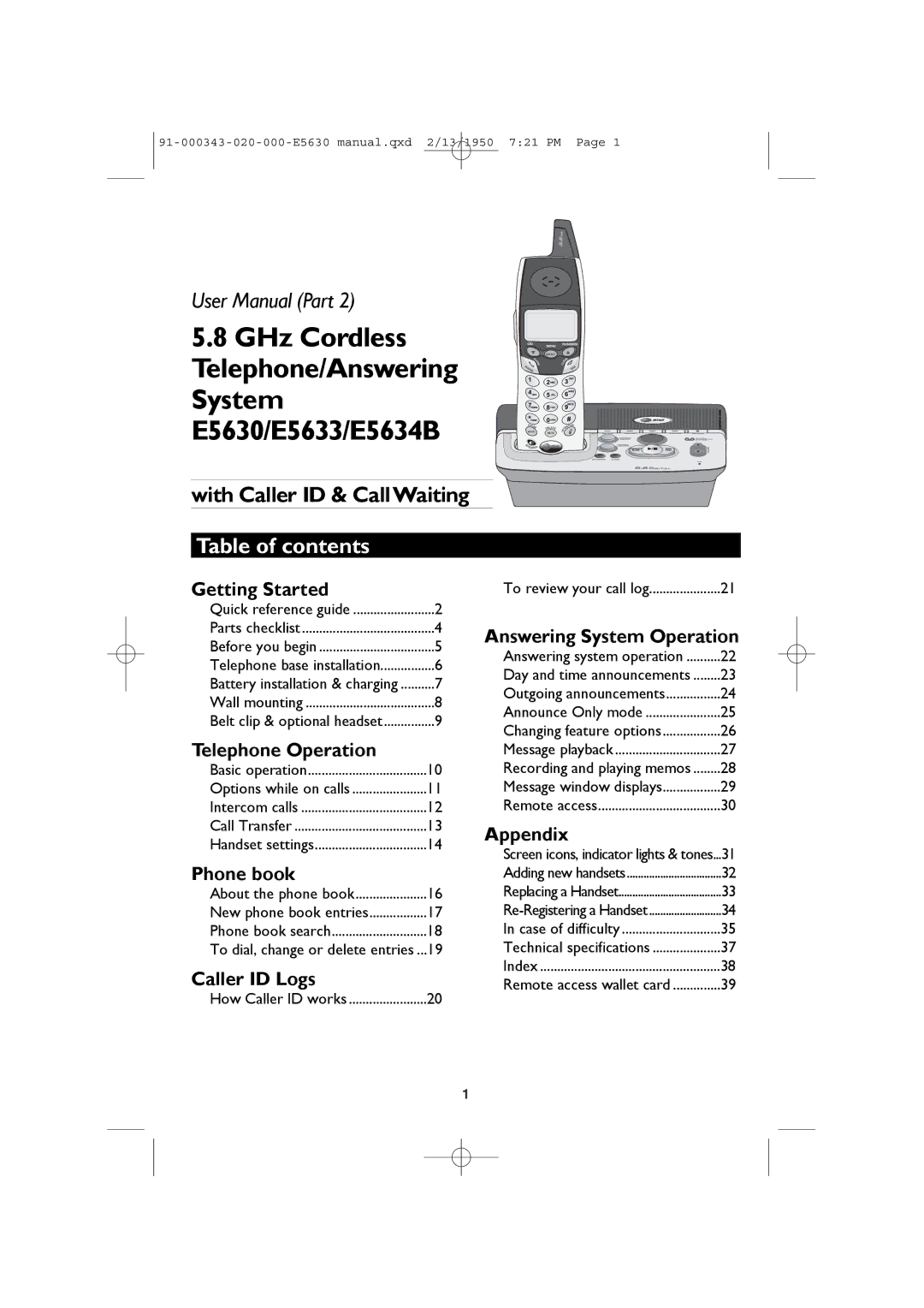 AT&T user manual GHz Cordless Telephone/Answering System E5630/E5633/E5634B, Table of contents 