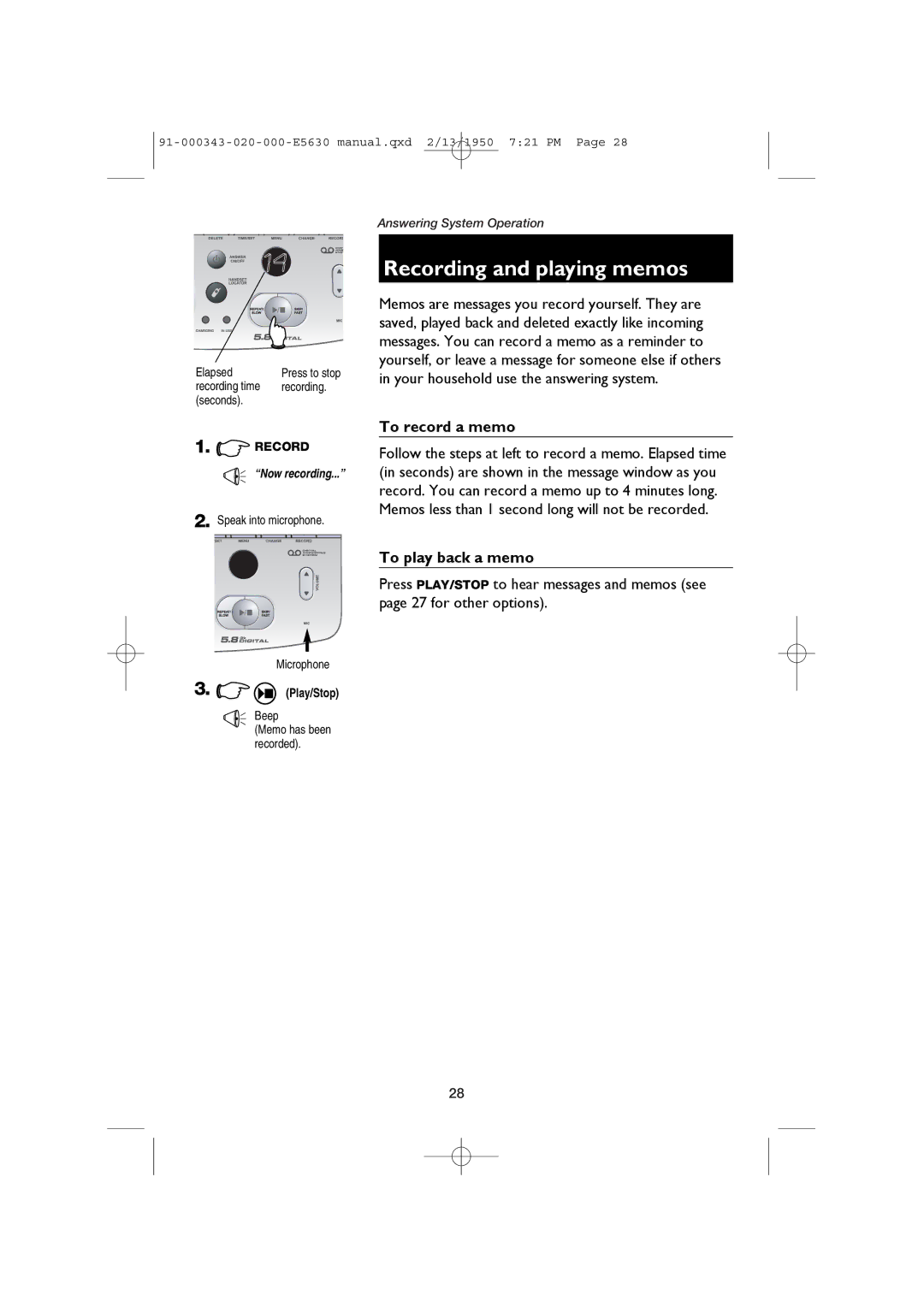 AT&T E5634B, E5633 user manual Recording and playing memos, To record a memo, To play back a memo 