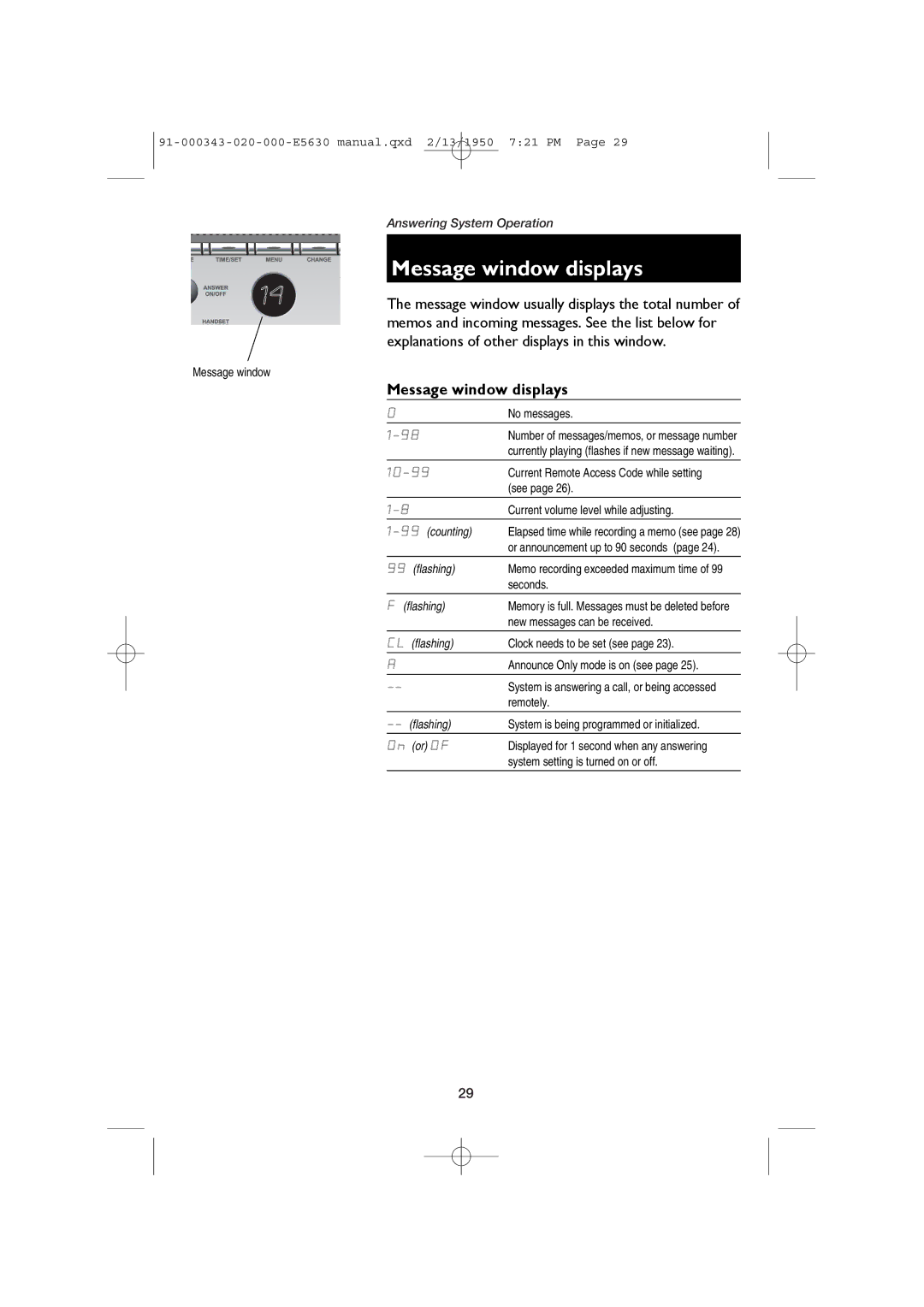 AT&T E5633, E5634B user manual Message window displays 