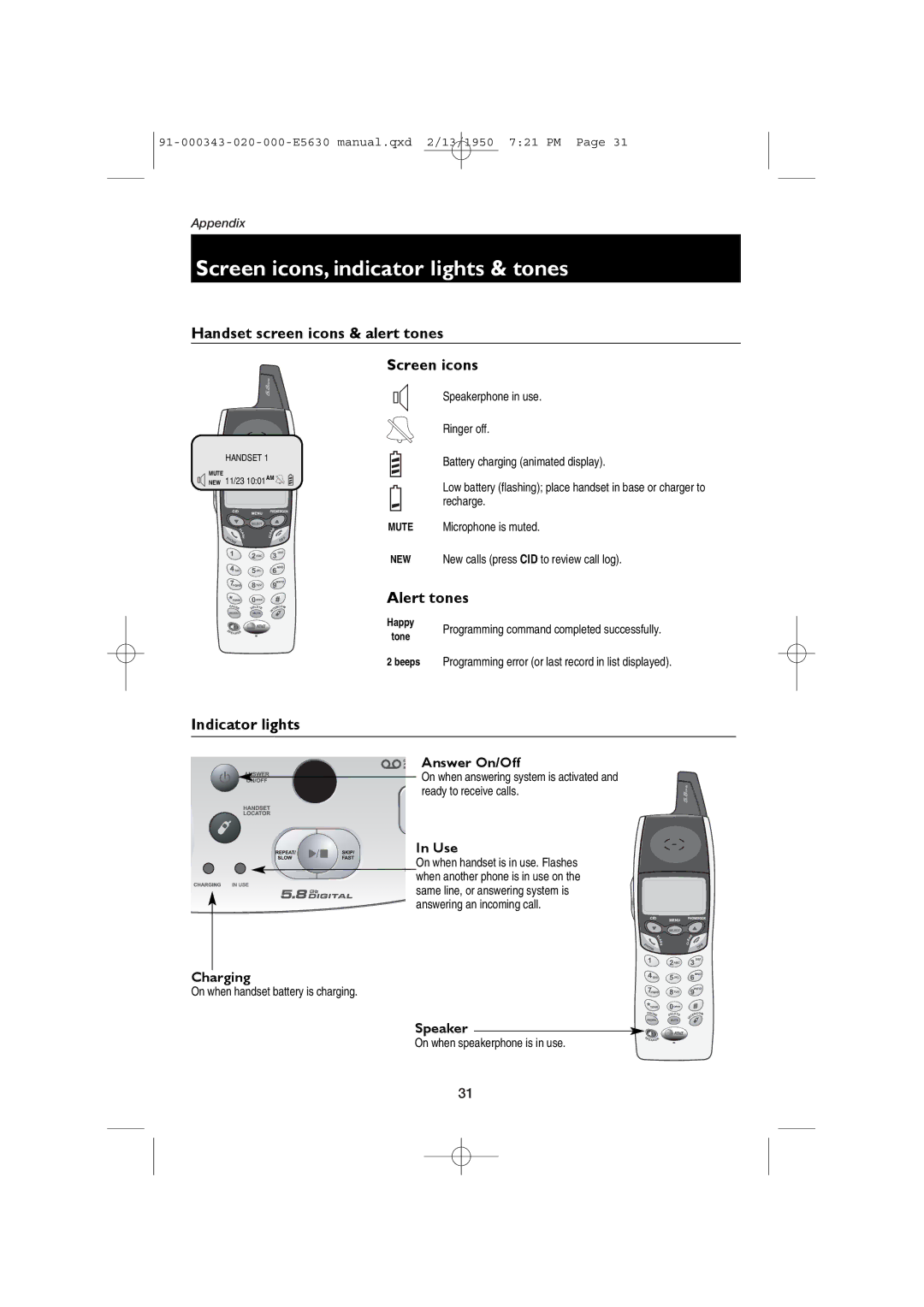 AT&T E5633 Screen icons, indicator lights & tones, Handset screen icons & alert tones, Alert tones, Indicator lights 