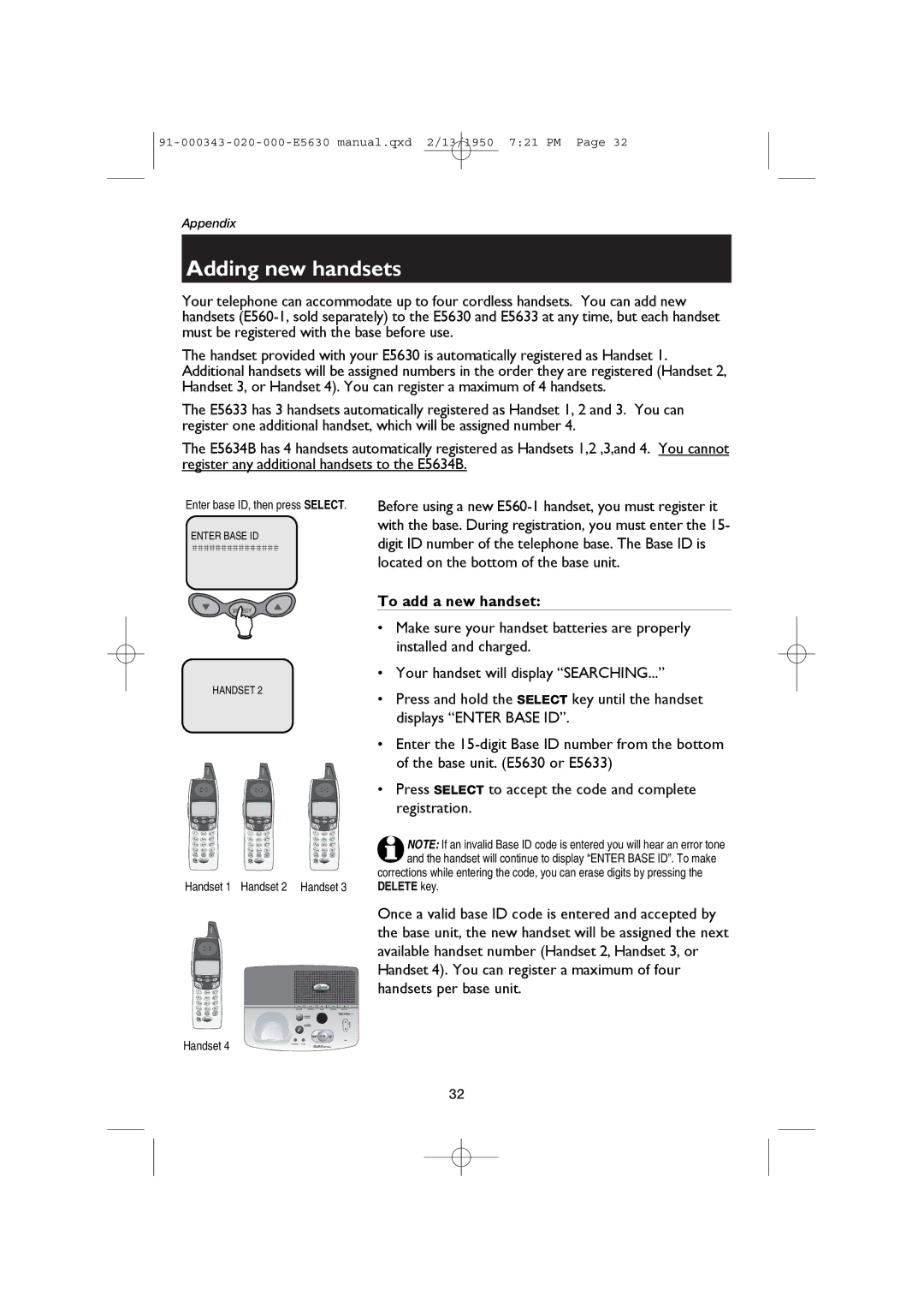 AT&T E5634B, E5633 user manual Adding new handsets, To add a new handset 